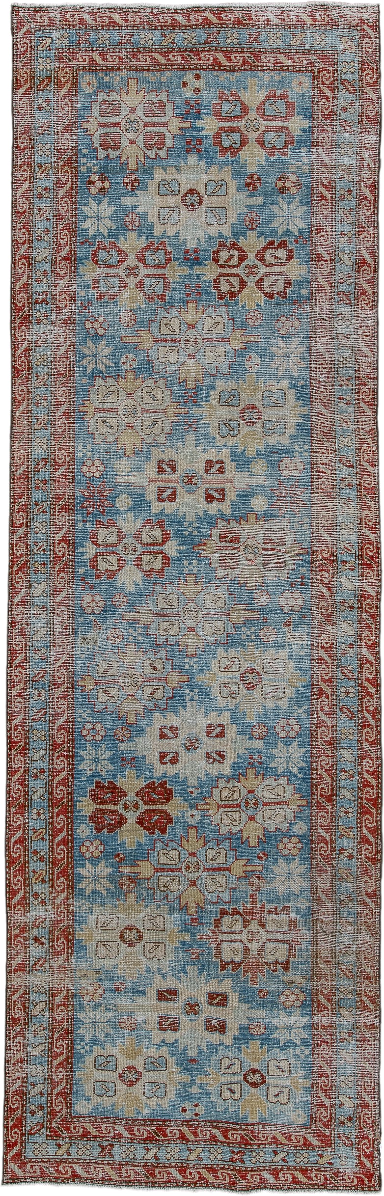 3' x 10' one-of-a-kind handmade antique Heriz runner rug. Color palette: sky blue, rust, ivory, brick, pale blue, cream