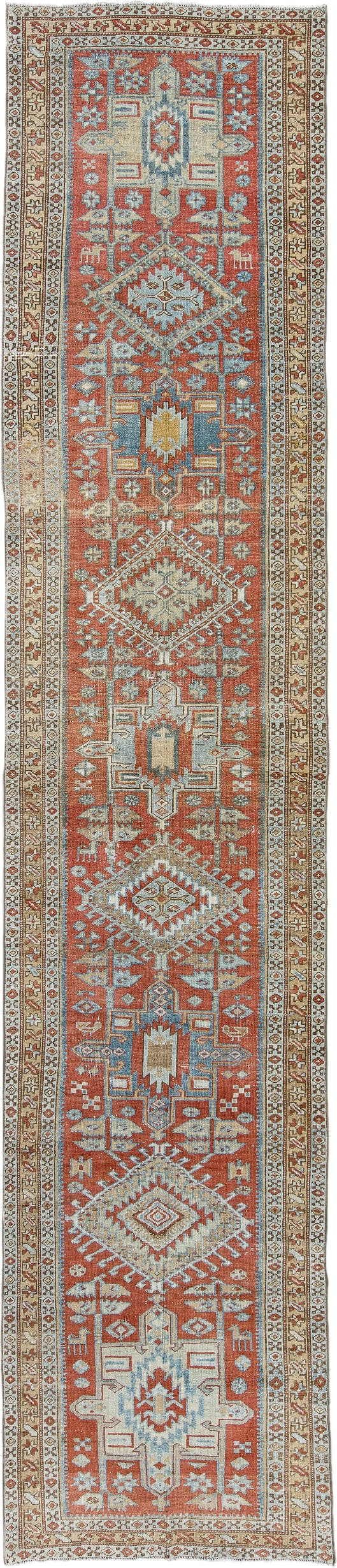 3' x 14' one-of-a-kind handmade antique Heriz runner rug. Color palette: terra cotta, ivory, sky blue, camel, slate, rust