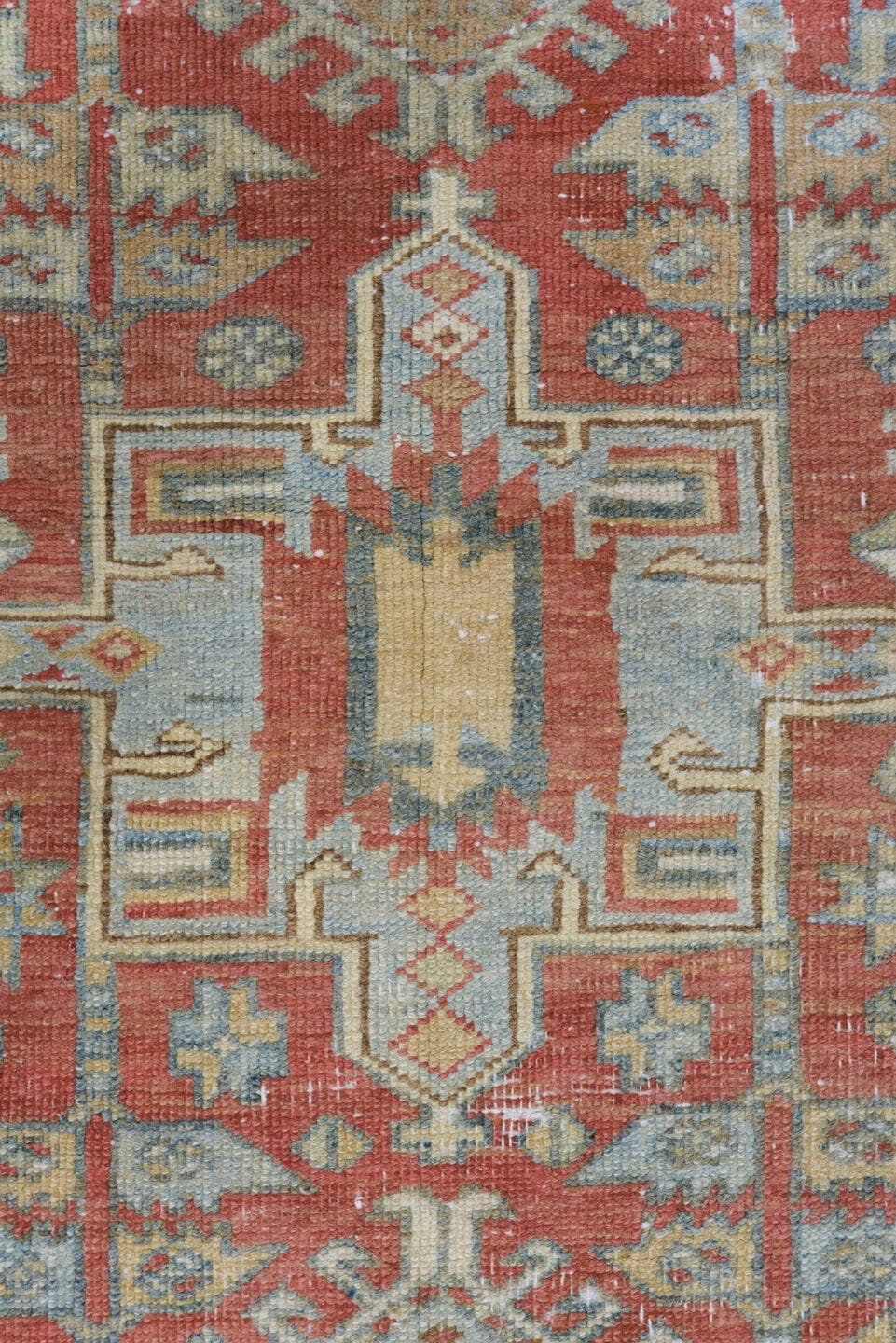 3' x 14' one-of-a-kind handmade antique Heriz runner rug. Color palette: terra cotta, ivory, sky blue, camel, slate, rust