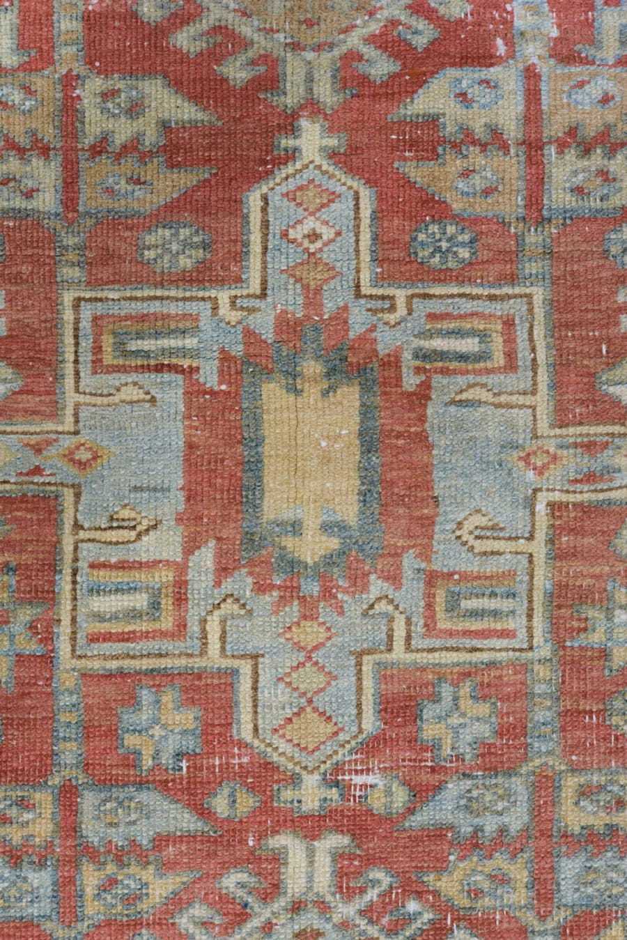 3' x 14' one-of-a-kind handmade antique Heriz runner rug. Color palette: terra cotta, ivory, sky blue, camel, slate, rust