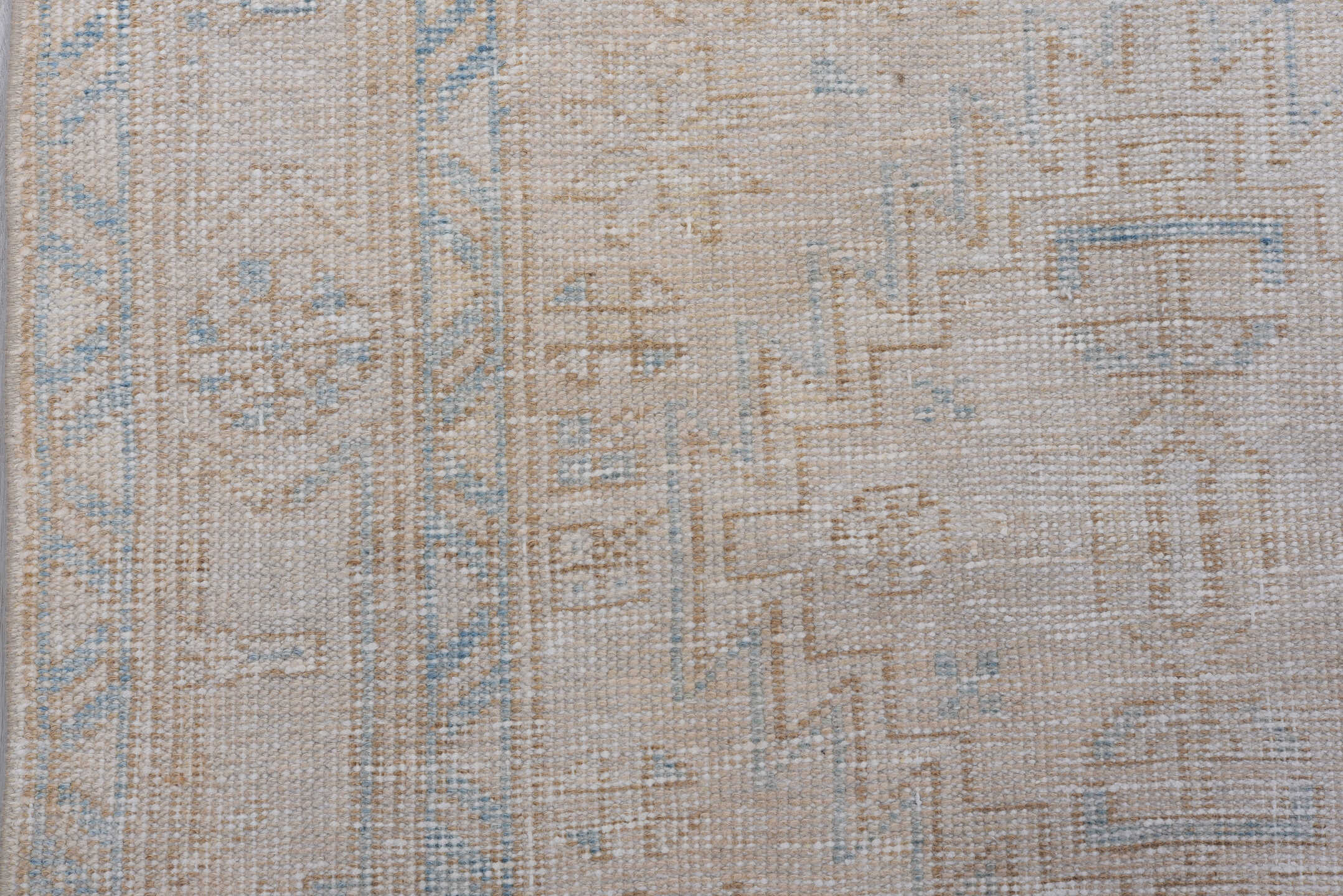 3' x 10' one-of-a-kind handmade antique Sarab runner rug. Color palette: ivory, pale blue, taupe, beige, camel, light blue