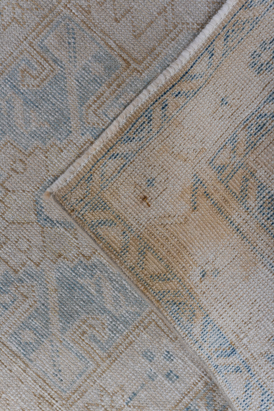 3' x 10' one-of-a-kind handmade antique Sarab runner rug. Color palette: ivory, pale blue, taupe, beige, camel, light blue