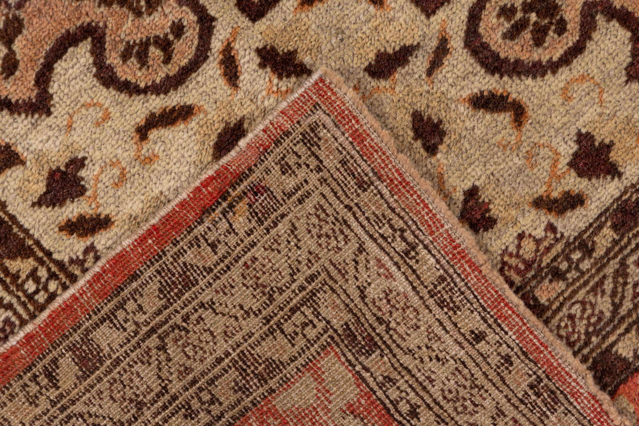 8' x 11' one-of-a-kind handmade vintage Oushak large size rug. Color palette: rose, taupe, brown, ivory, coral, blush, pink