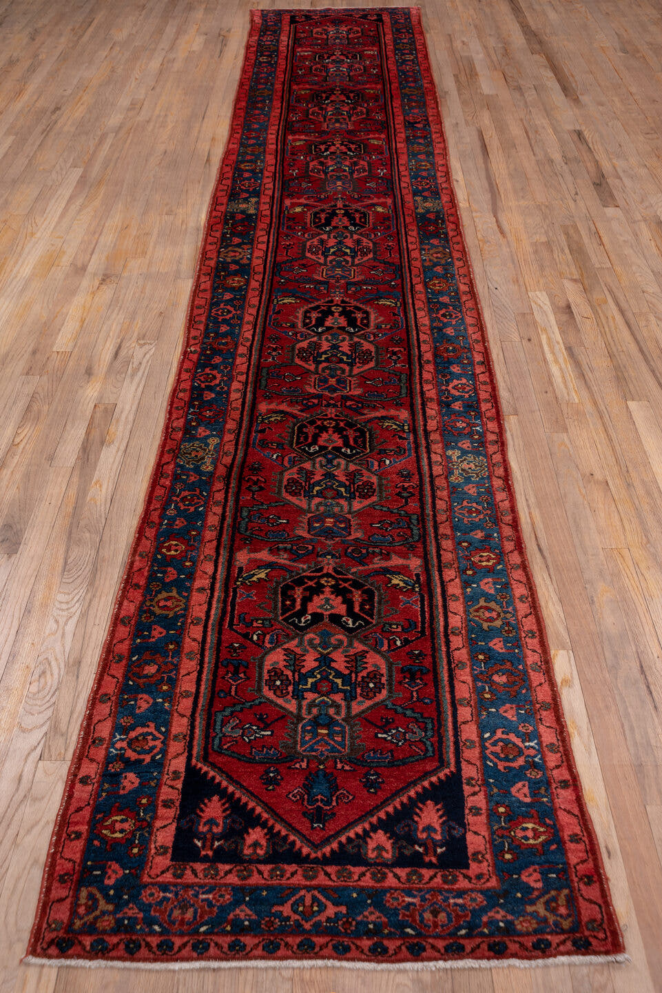2' x 16' one-of-a-kind handmade vintage Malayer runner rug. Color palette: rust, navy, crimson, indigo, coral, ivory