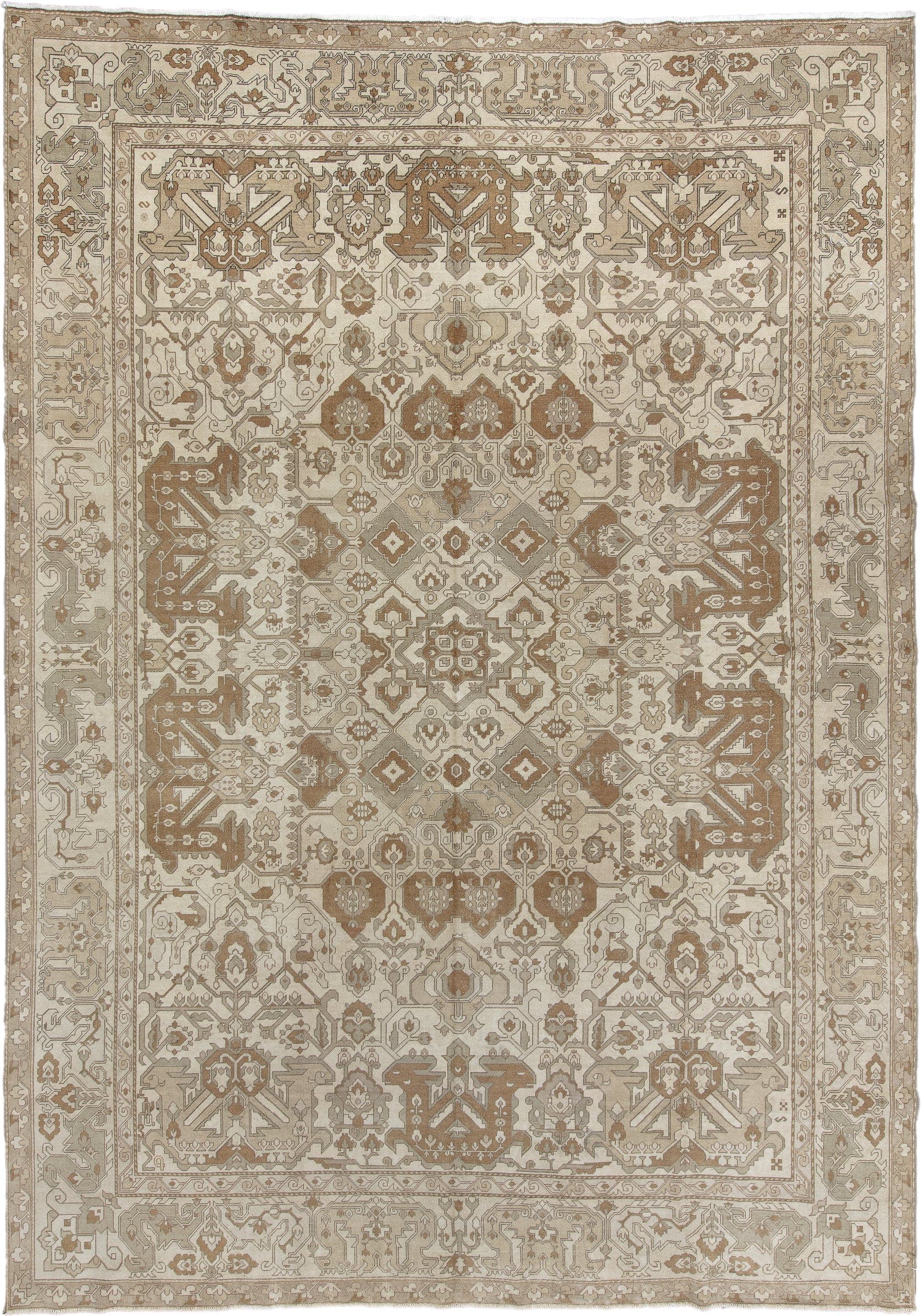 8' x 12' one-of-a-kind handmade antique Derband large size rug. Color palette: ivory, taupe, camel, beige, sand, light brown
