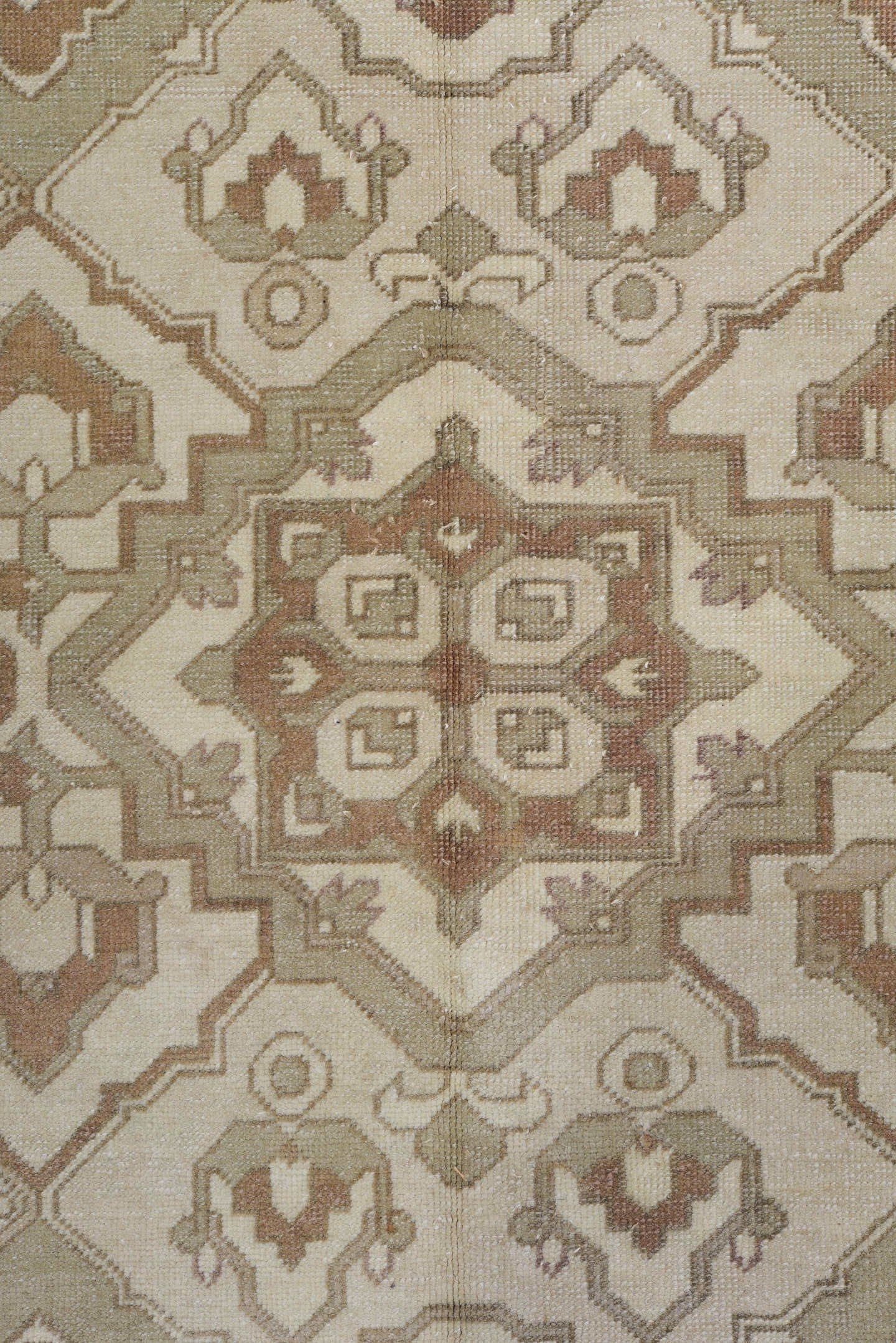 8' x 12' one-of-a-kind handmade antique Derband large size rug. Color palette: ivory, taupe, camel, beige, sand, light brown