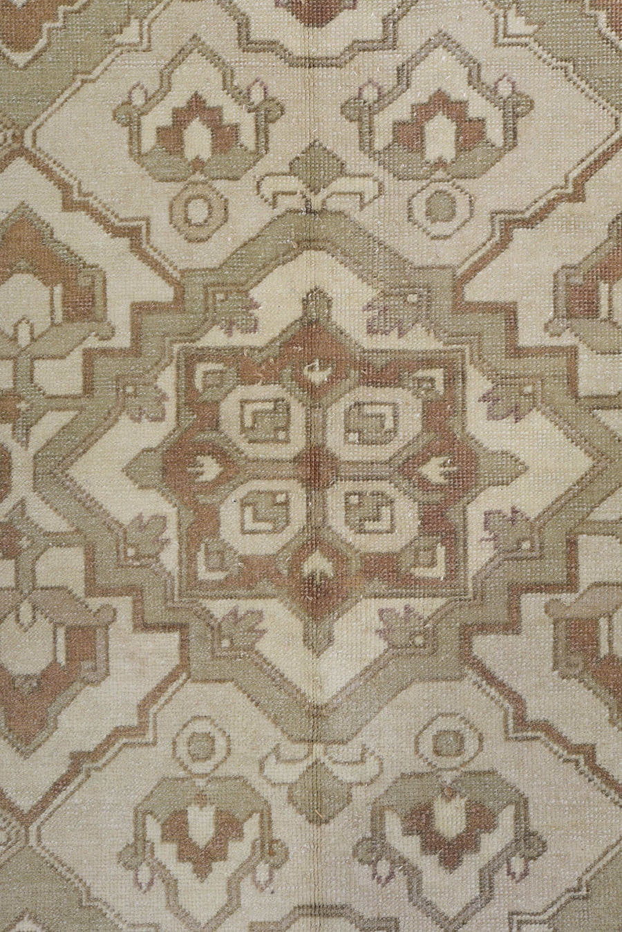 8' x 12' one-of-a-kind handmade antique Derband large size rug. Color palette: ivory, taupe, camel, beige, sand, light brown