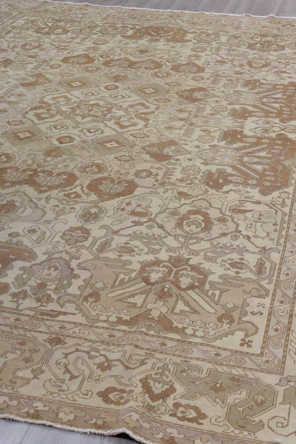 8' x 12' one-of-a-kind handmade antique Derband large size rug. Color palette: ivory, taupe, camel, beige, sand, light brown