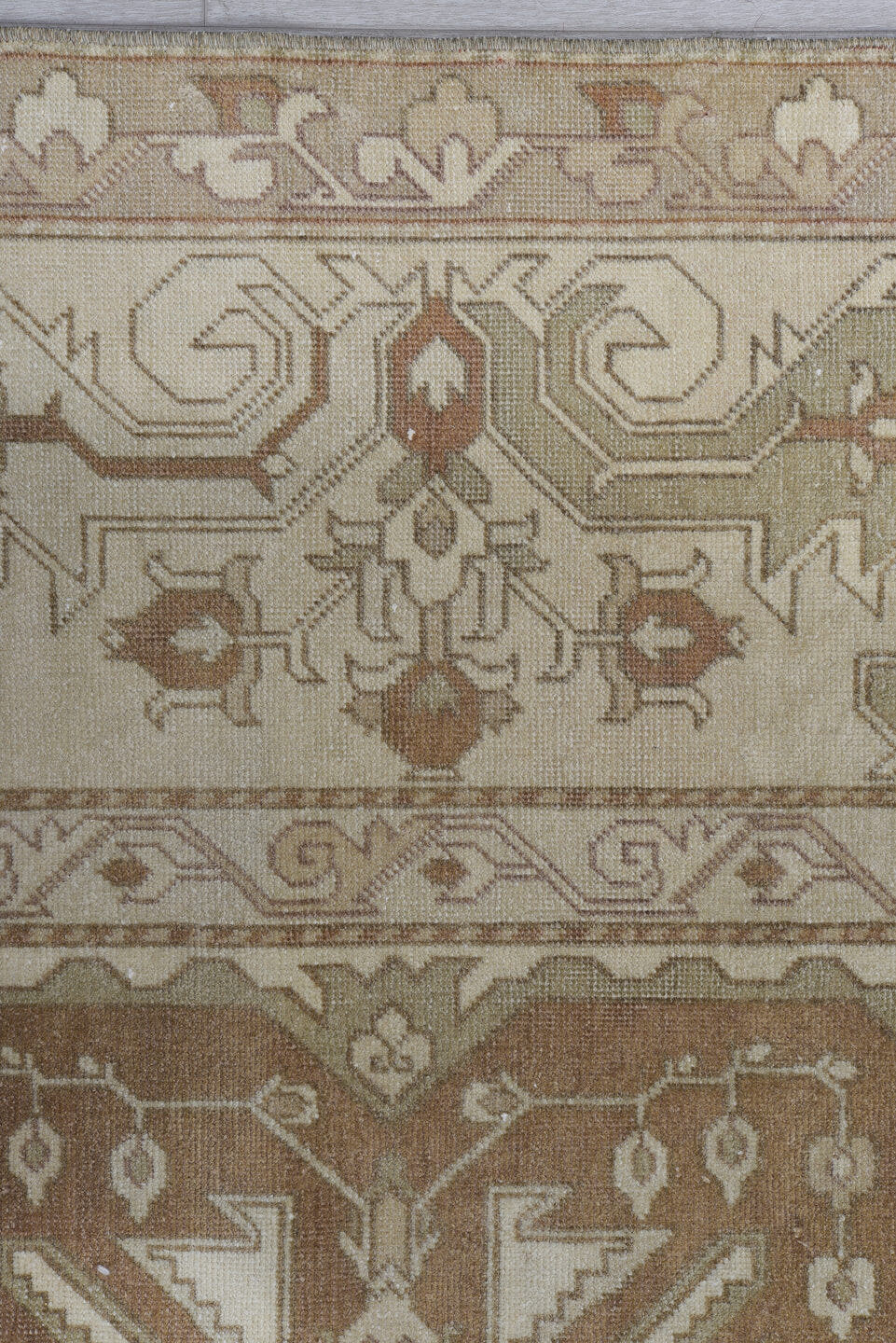 8' x 12' one-of-a-kind handmade antique Derband large size rug. Color palette: ivory, taupe, camel, beige, sand, light brown