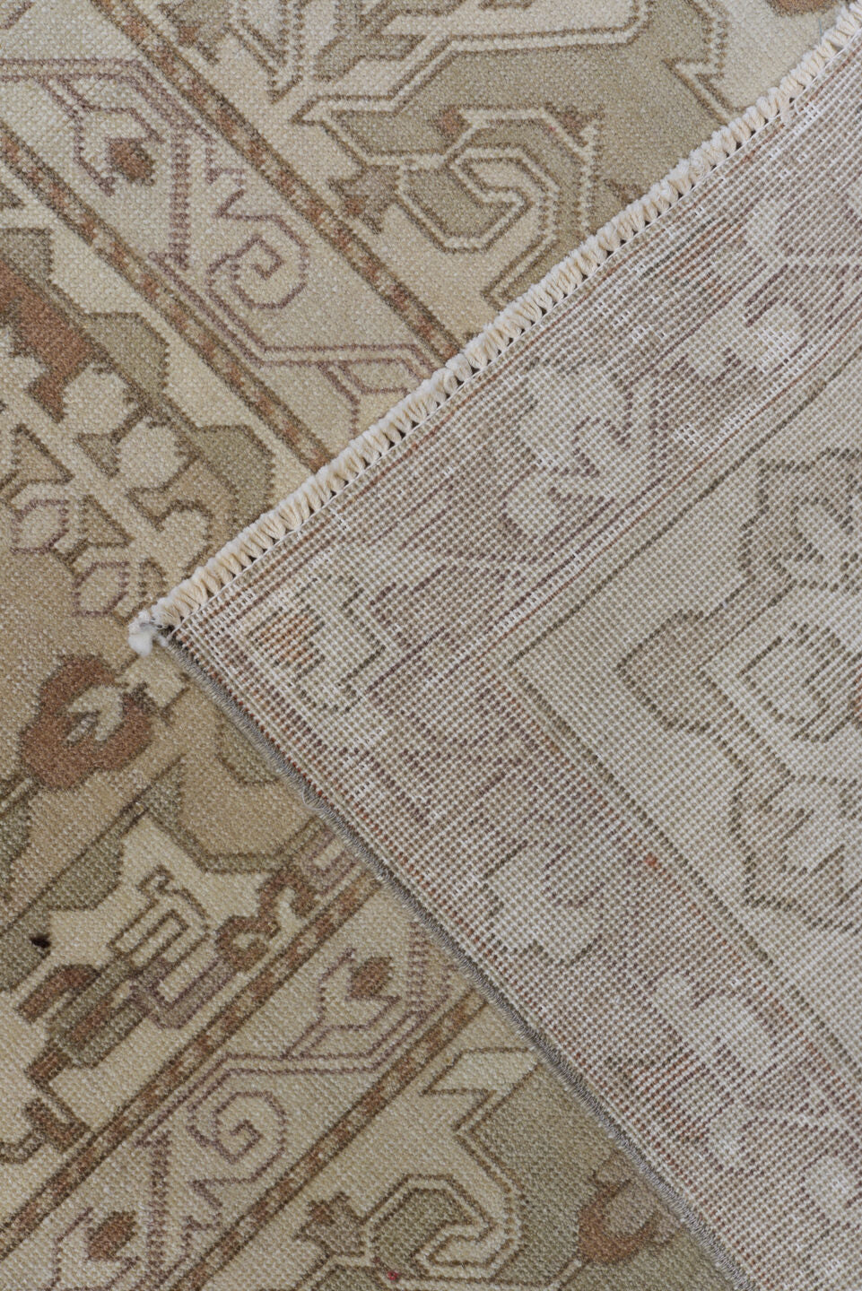 8' x 12' one-of-a-kind handmade antique Derband large size rug. Color palette: ivory, taupe, camel, beige, sand, light brown