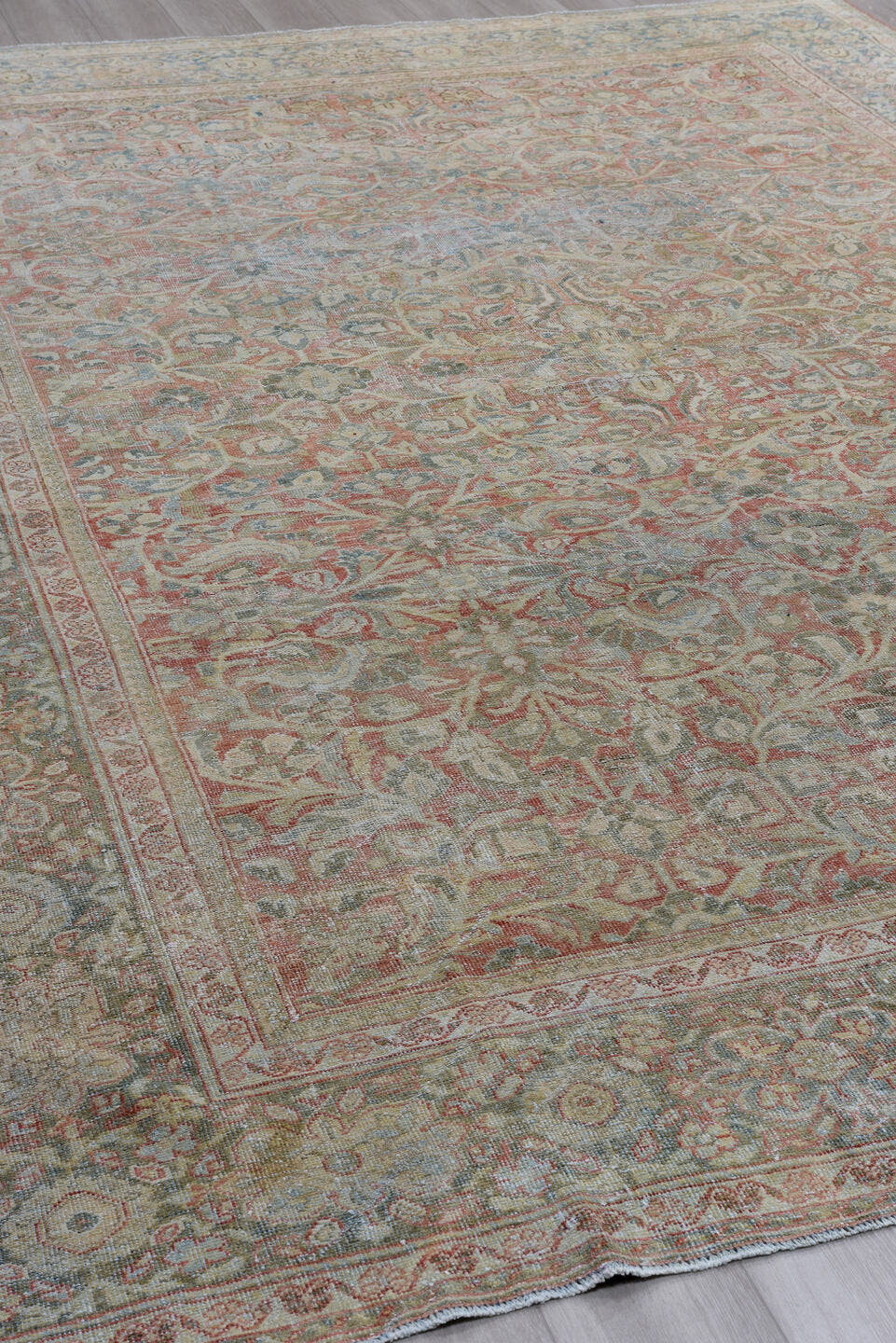 9' x 12' one-of-a-kind handmade antique Mahal large size rug. Color palette: blue, ivory, rust, taupe, sage, camel