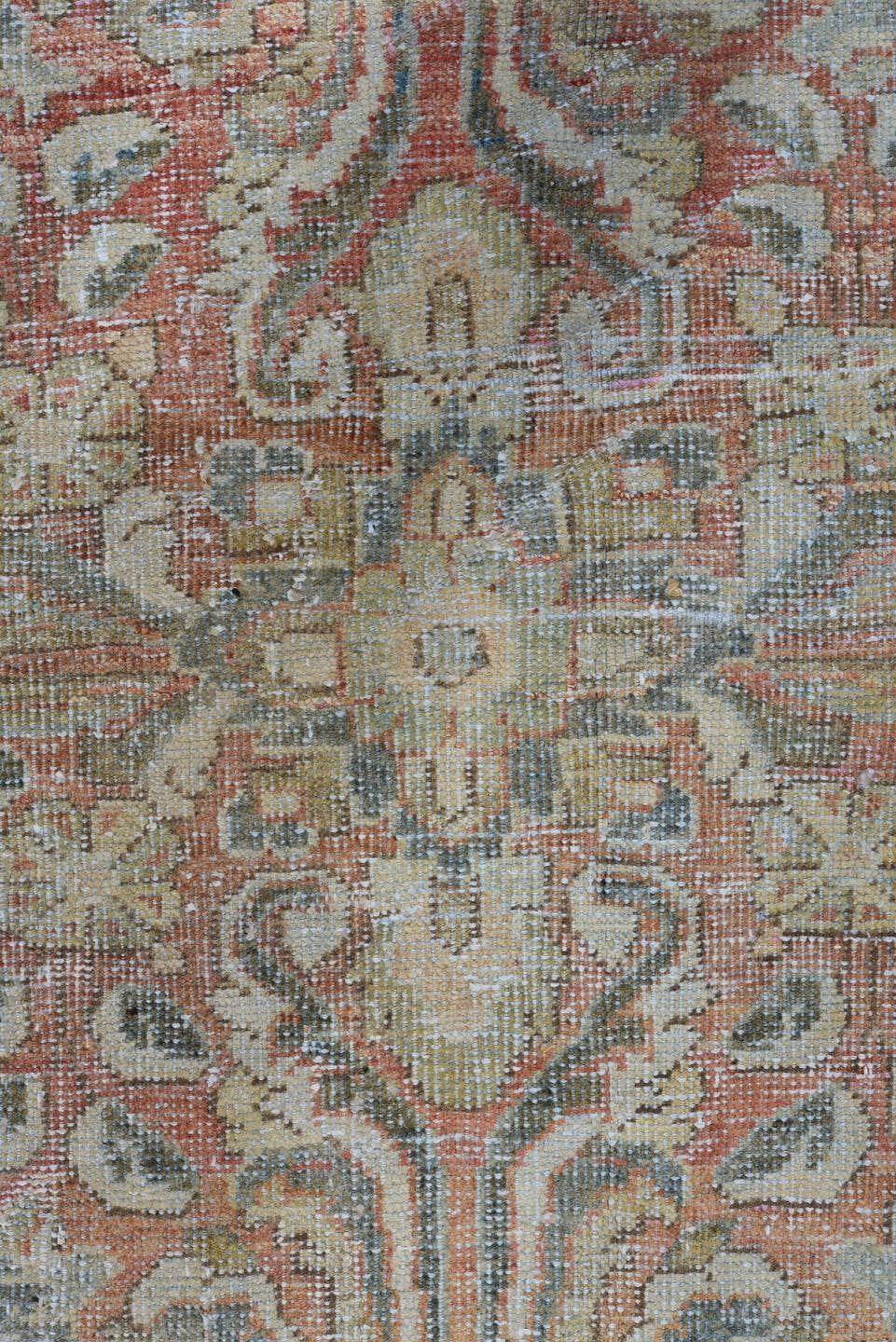 9' x 12' one-of-a-kind handmade antique Mahal large size rug. Color palette: blue, ivory, rust, taupe, sage, camel