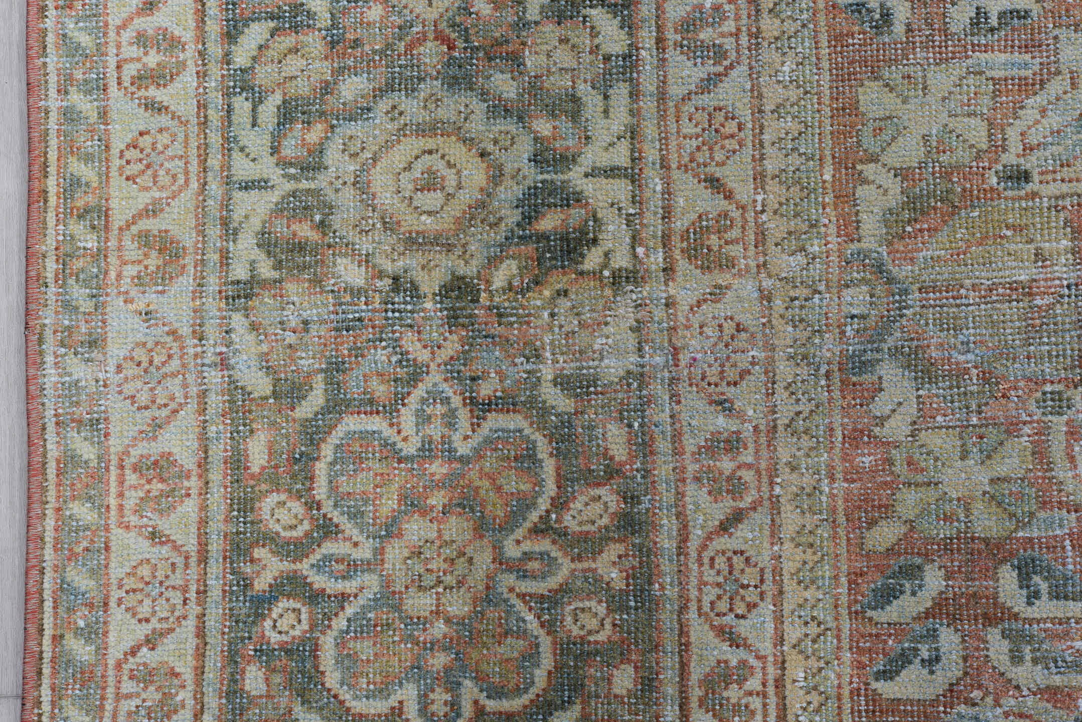 9' x 12' one-of-a-kind handmade antique Mahal large size rug. Color palette: blue, ivory, rust, taupe, sage, camel