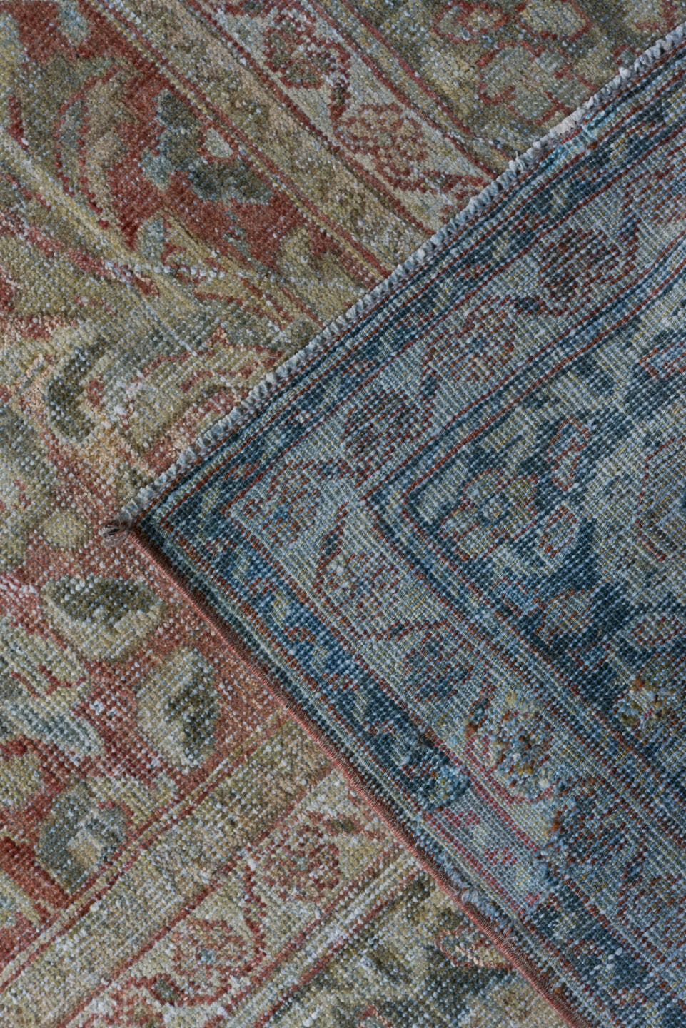 9' x 12' one-of-a-kind handmade antique Mahal large size rug. Color palette: blue, ivory, rust, taupe, sage, camel