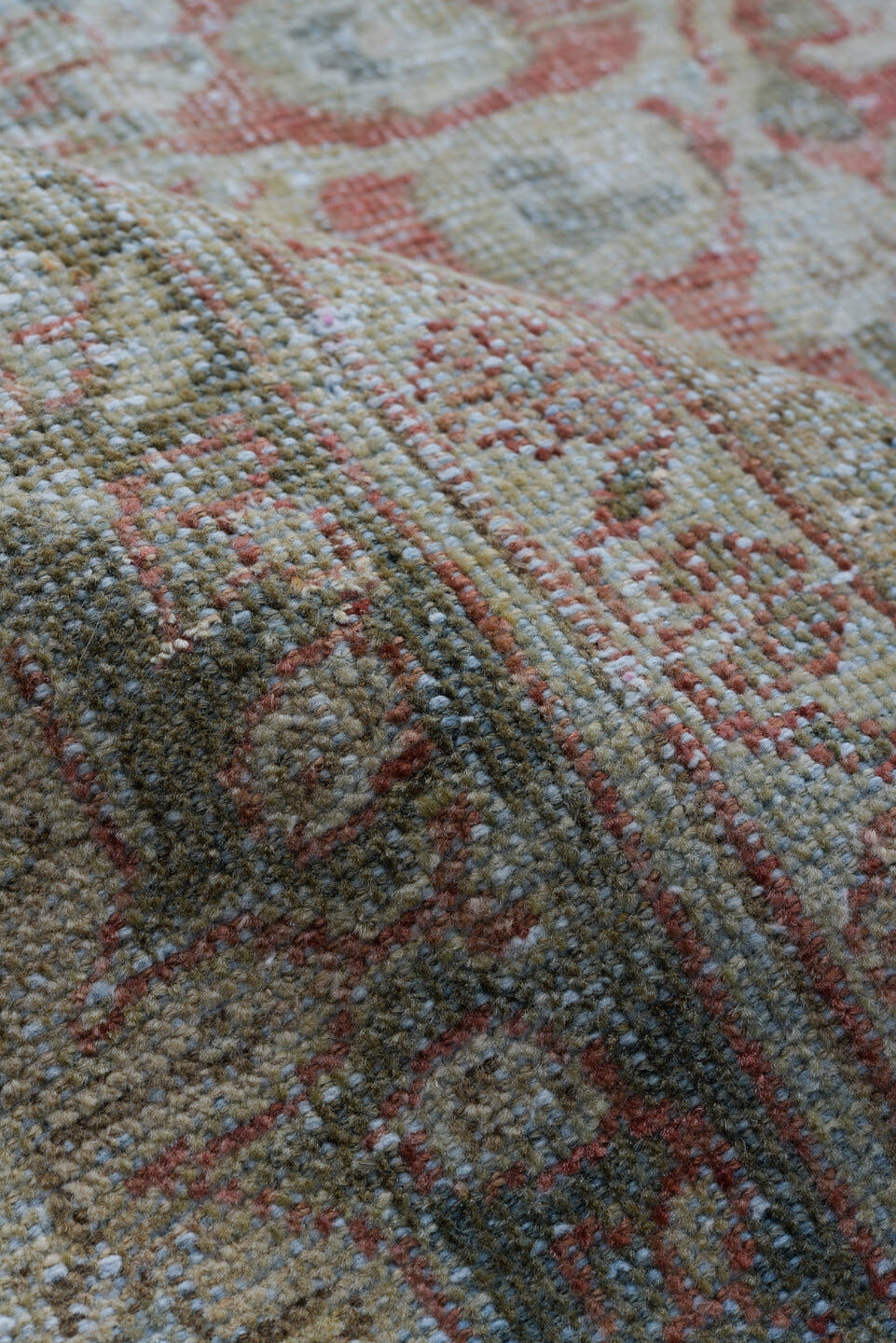 9' x 12' one-of-a-kind handmade antique Mahal large size rug. Color palette: blue, ivory, rust, taupe, sage, camel