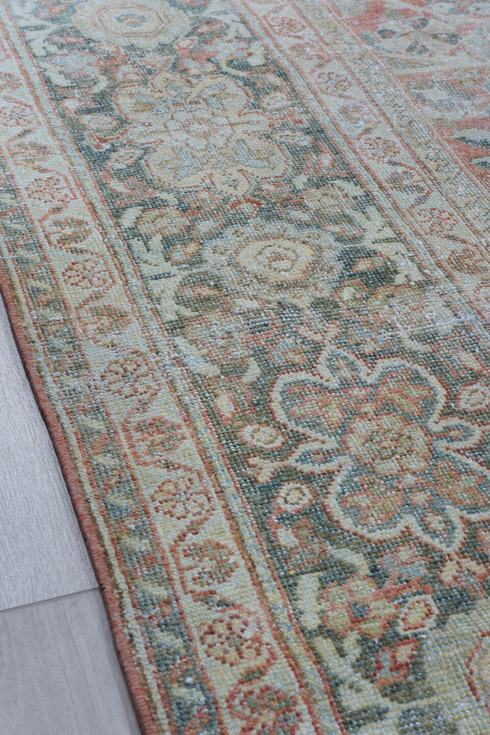 9' x 12' one-of-a-kind handmade antique Mahal large size rug. Color palette: blue, ivory, rust, taupe, sage, camel