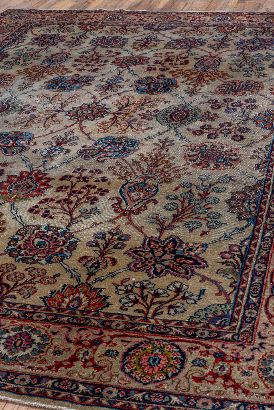7' x 10' one-of-a-kind handmade vintage Kazvin large size rug. Color palette: black, blue, brown, gray, pink, red, redwood