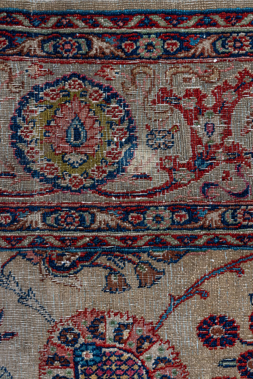 7' x 10' one-of-a-kind handmade vintage Kazvin large size rug. Color palette: ivory, navy, rust, sky blue, burgundy, camel