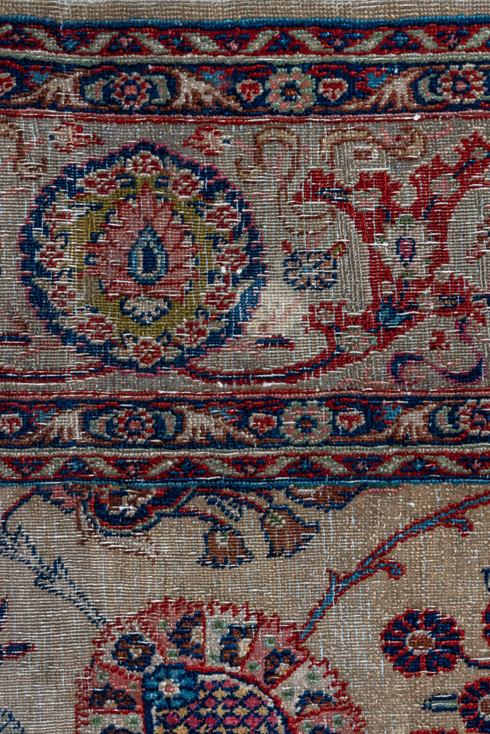 7' x 10' one-of-a-kind handmade vintage Kazvin large size rug. Color palette: ivory, navy, rust, sky blue, burgundy, camel