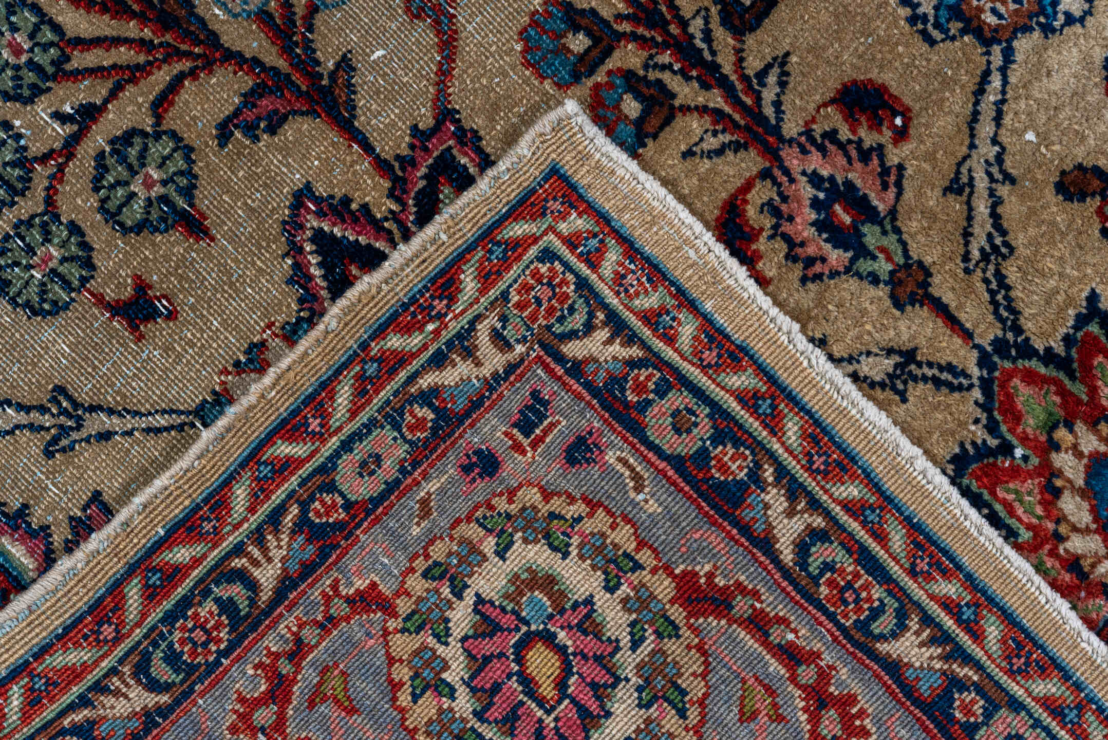 7' x 10' one-of-a-kind handmade vintage Kazvin large size rug. Color palette: ivory, navy, rust, sky blue, burgundy, camel