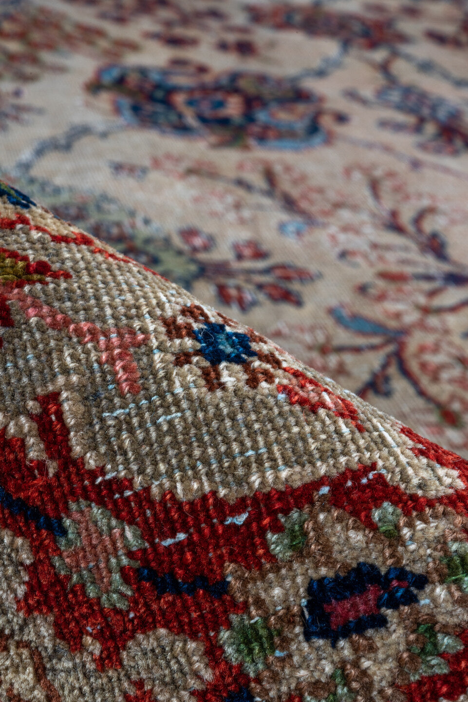 7' x 10' one-of-a-kind handmade vintage Kazvin large size rug. Color palette: ivory, navy, rust, sky blue, burgundy, camel