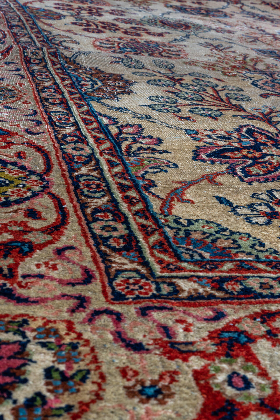 7' x 10' one-of-a-kind handmade vintage Kazvin large size rug. Color palette: ivory, navy, rust, sky blue, burgundy, camel