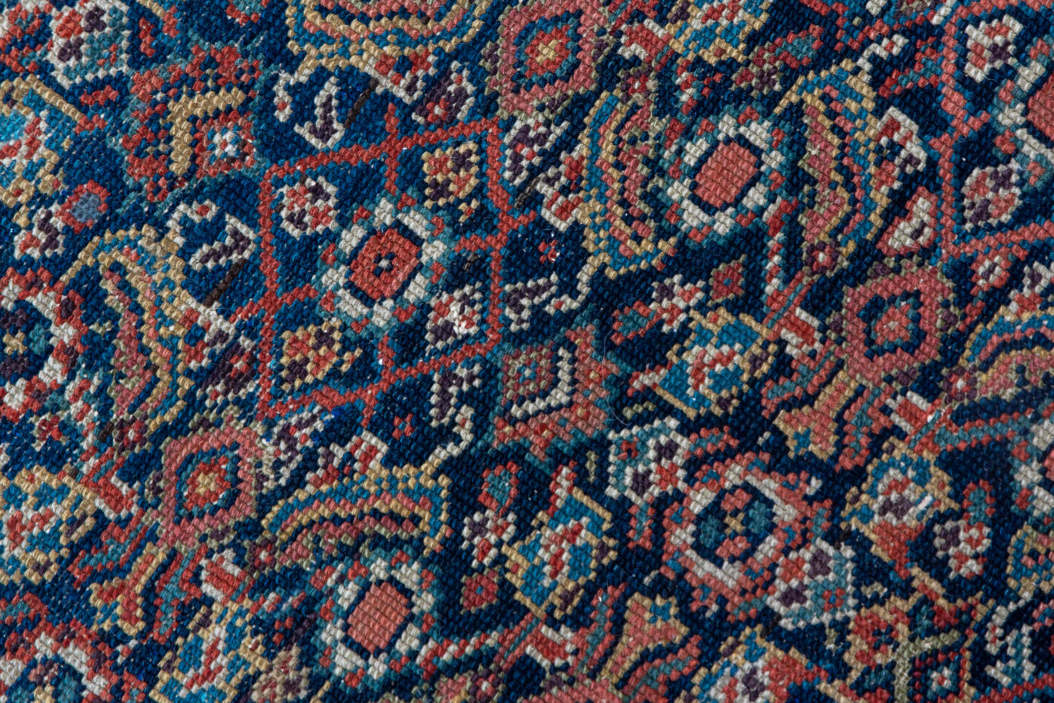 4' x 6' one-of-a-kind handmade antique Malayer small size rug. Color palette: navy, rust, ivory, camel, rose, slate, blue