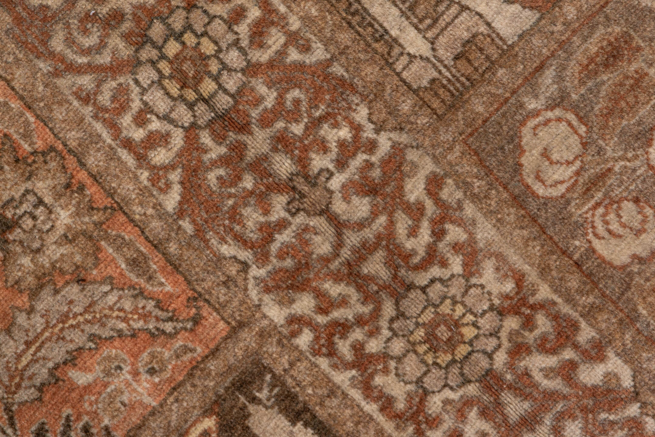 9' x 13' one-of-a-kind handmade antique Tabriz large size rug. Color palette: taupe, rose, ivory, brown, camel, terra cotta