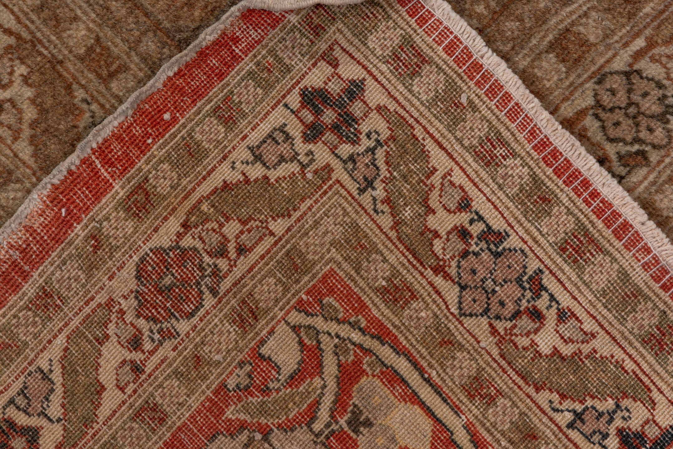 9' x 13' one-of-a-kind handmade antique Tabriz large size rug. Color palette: taupe, rose, ivory, brown, camel, terra cotta