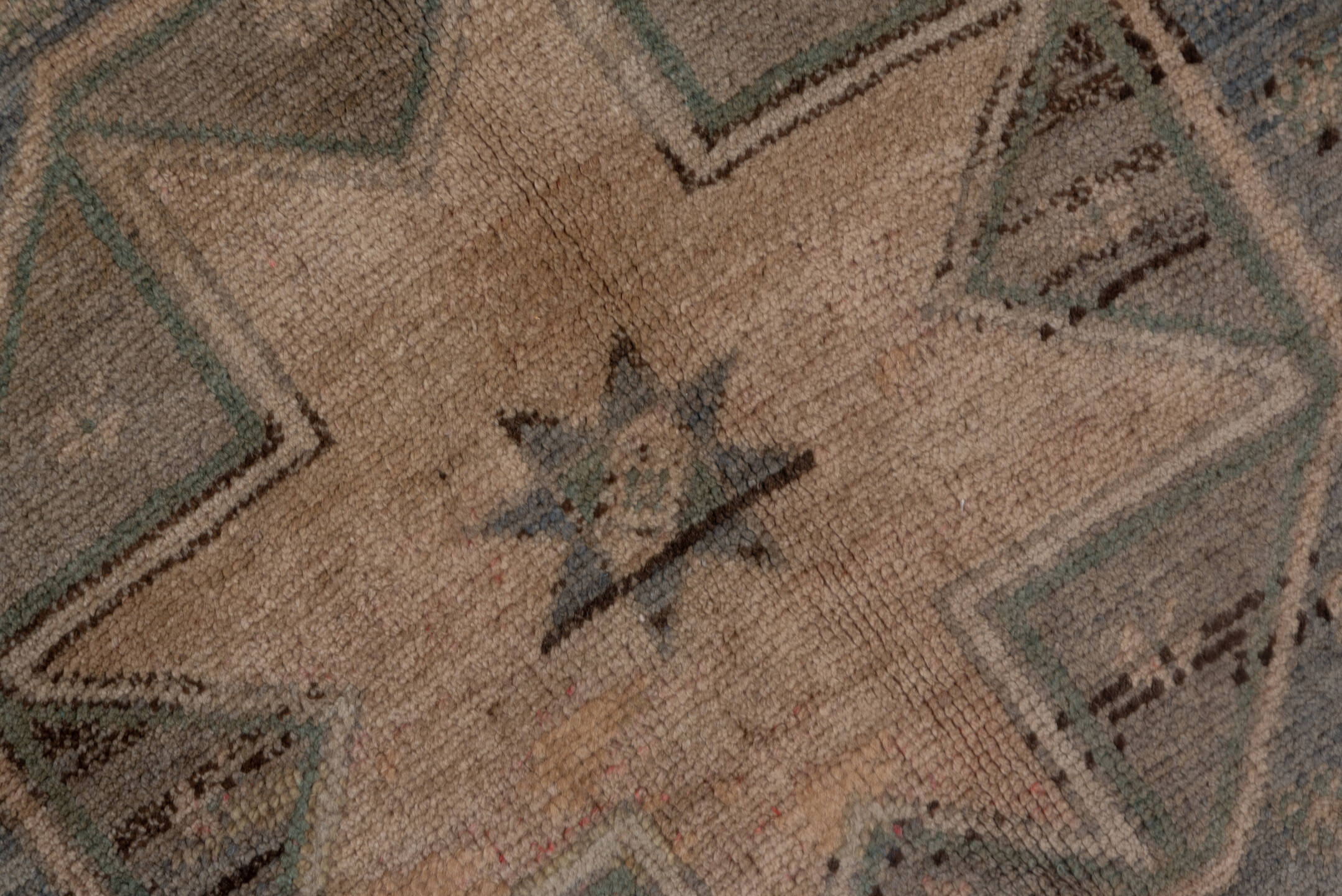5' x 13' one-of-a-kind handmade vintage Oushak rug. Color palette: taupe, slate, ivory, sage, charcoal, brown, beige, gray