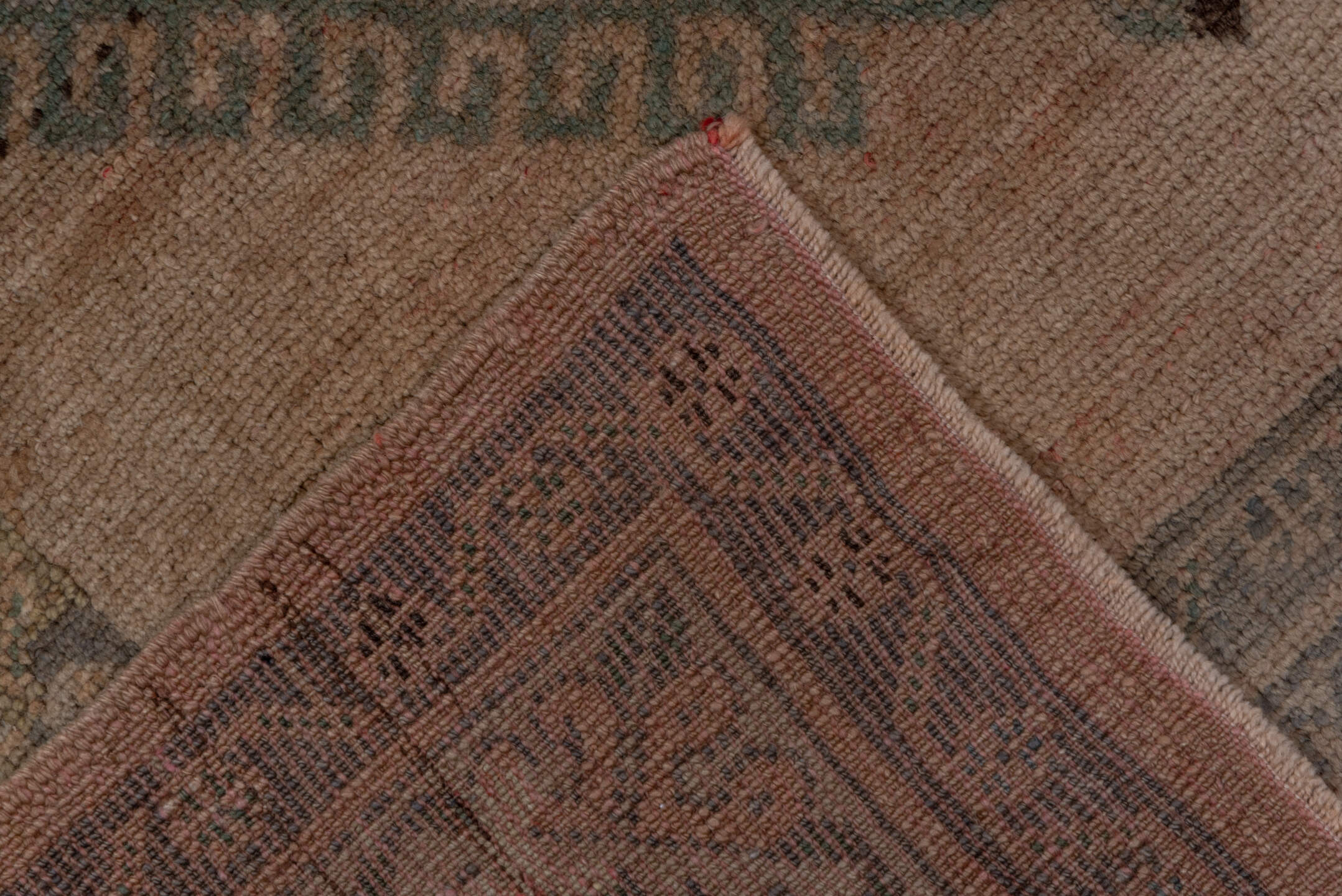 5' x 13' one-of-a-kind handmade vintage Oushak rug. Color palette: taupe, slate, ivory, sage, charcoal, brown, beige, gray