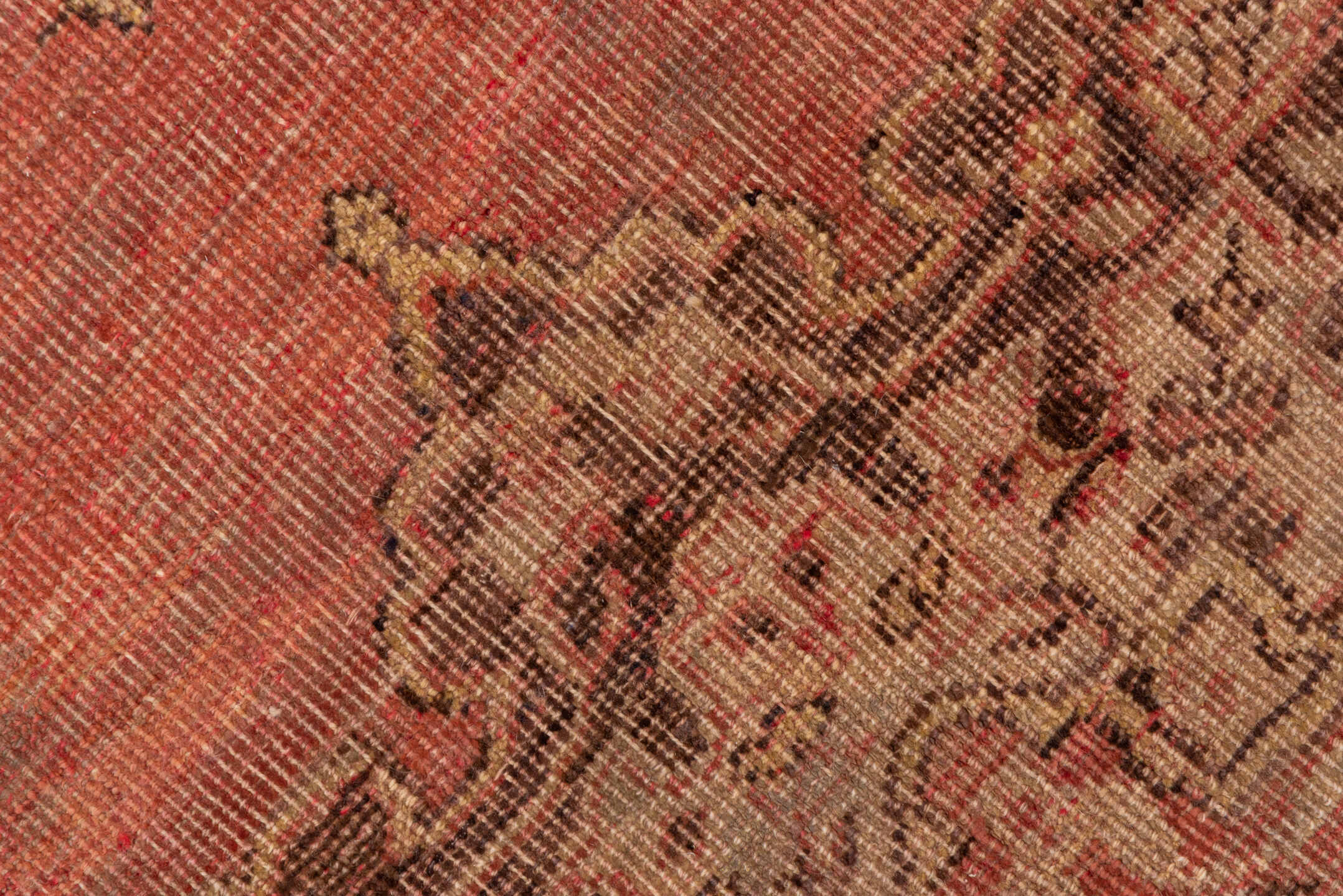 5' x 13' one-of-a-kind handmade vintage Oushak rug. Color palette: rose, blush, ivory, taupe, burgundy, brown, pink, red