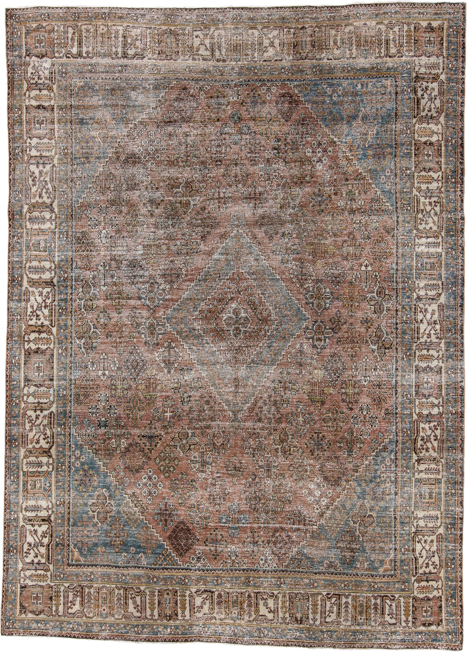 7' x 10' one-of-a-kind handmade vintage Joshegan large size rug. Color palette: rose, dusty blue, ivory, brown, taupe, slate