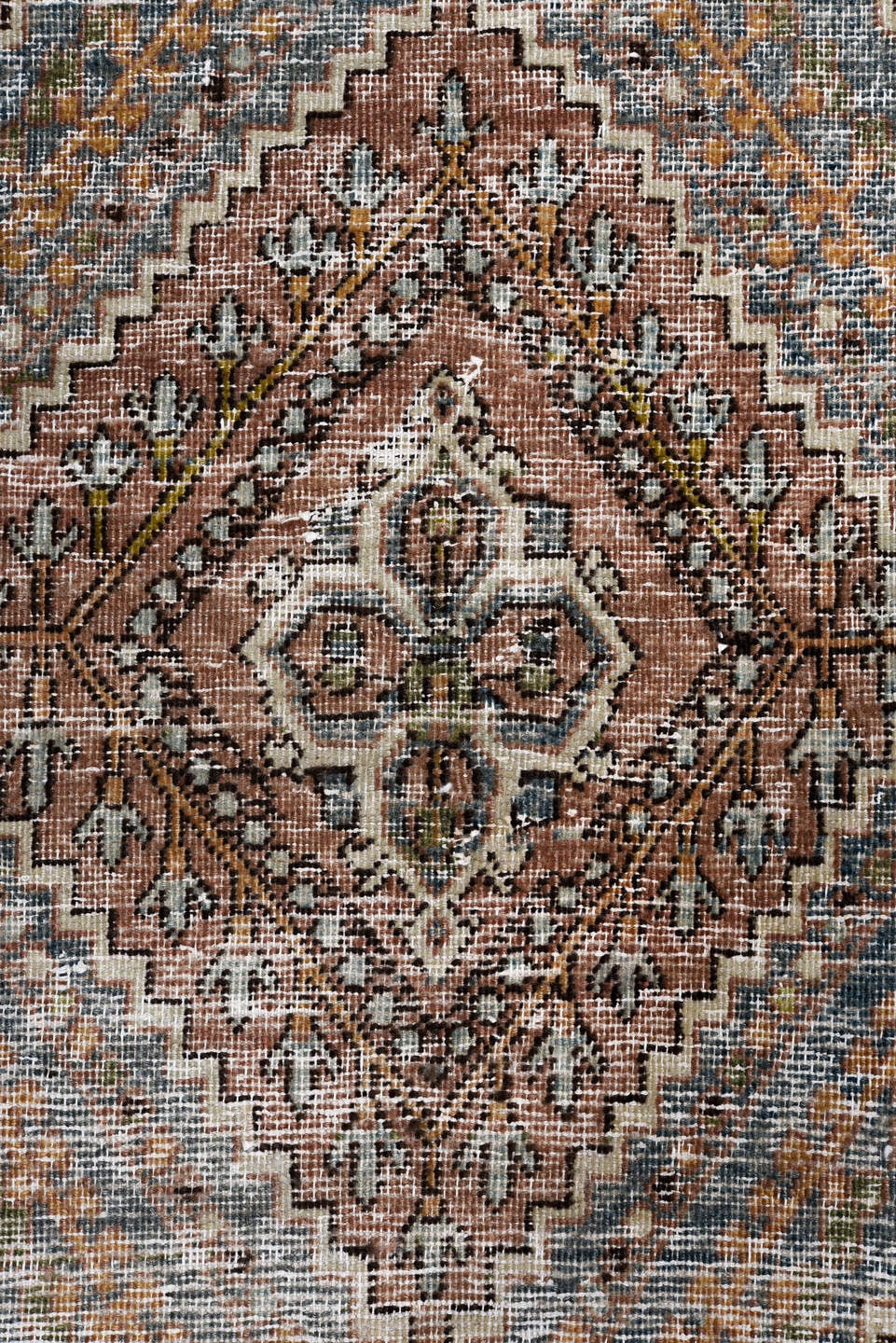 7' x 10' one-of-a-kind handmade vintage Joshegan large size rug. Color palette: rose, dusty blue, ivory, brown, taupe, slate