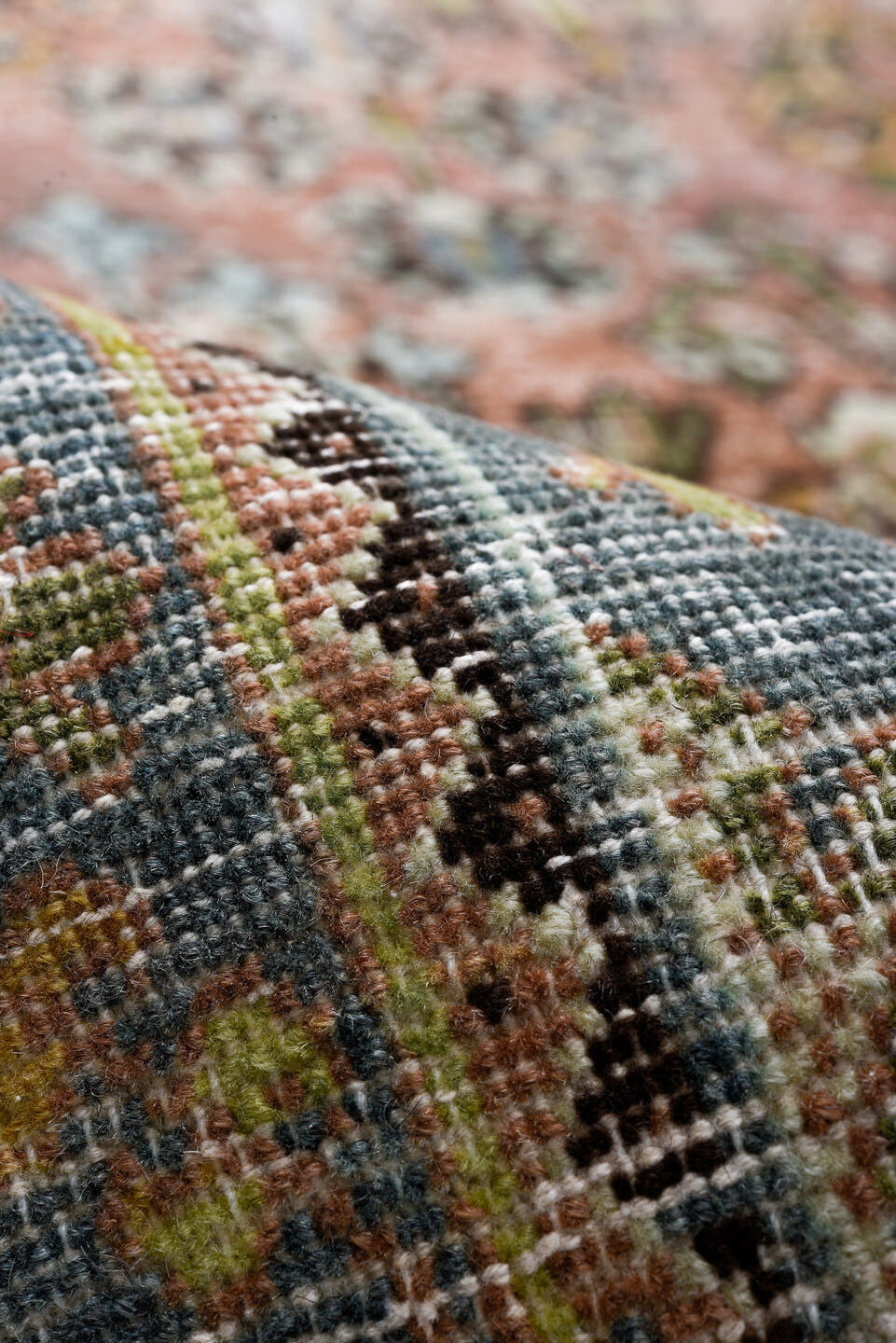 7' x 10' one-of-a-kind handmade vintage Joshegan large size rug. Color palette: rose, dusty blue, ivory, brown, taupe, slate
