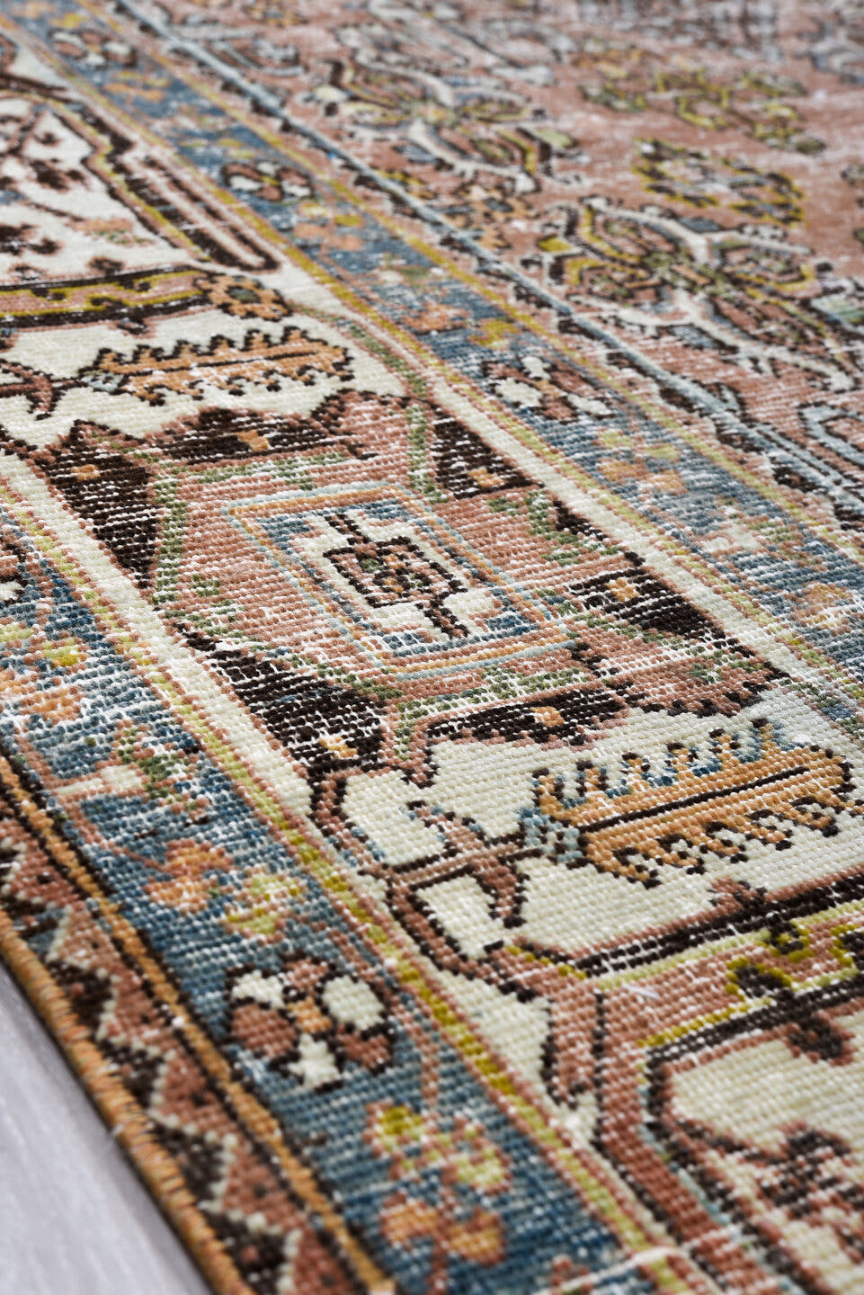 7' x 10' one-of-a-kind handmade vintage Joshegan large size rug. Color palette: rose, dusty blue, ivory, brown, taupe, slate