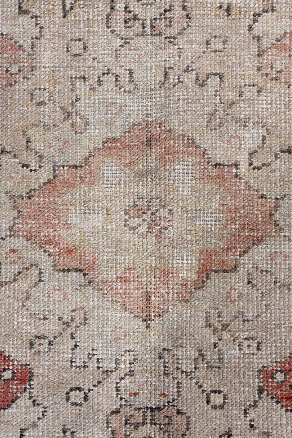 6' x 10' one-of-a-kind handmade vintage Oushak large size rug. Color palette: ivory, coral, charcoal, taupe, rose, slate