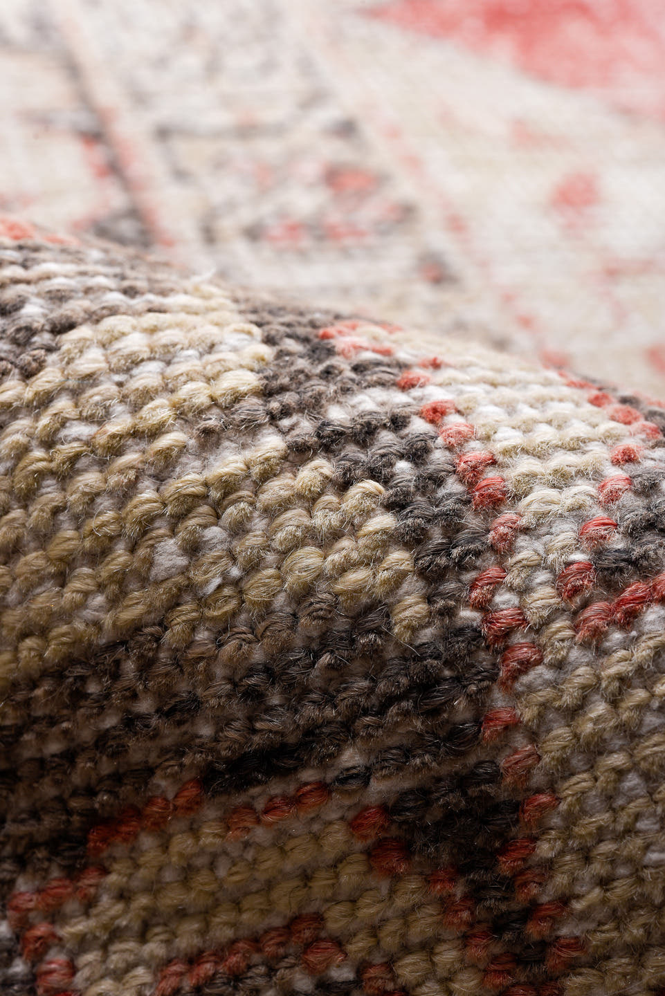 6' x 10' one-of-a-kind handmade vintage Oushak large size rug. Color palette: ivory, coral, charcoal, taupe, rose, slate