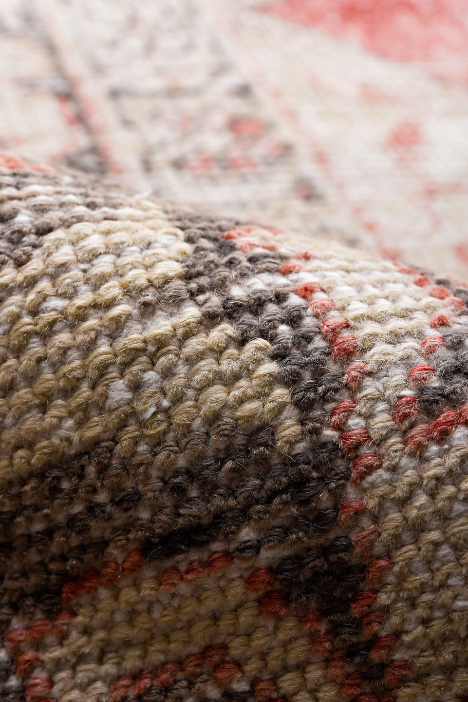 6' x 10' one-of-a-kind handmade vintage Oushak large size rug. Color palette: ivory, coral, charcoal, taupe, rose, slate
