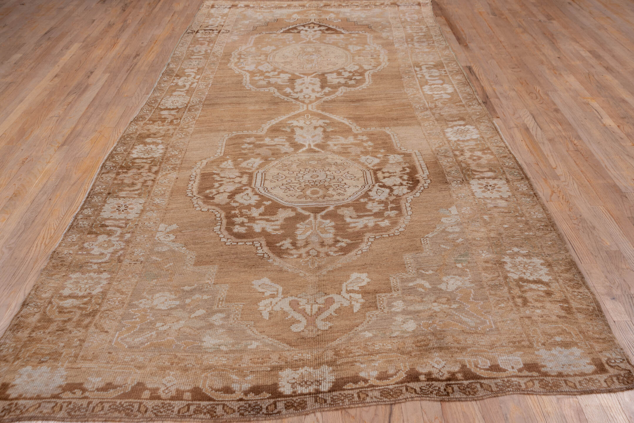 6' x 12' one-of-a-kind handmade vintage Oushak large size rug. Color palette: camel, ivory, taupe, beige, sand, light brown