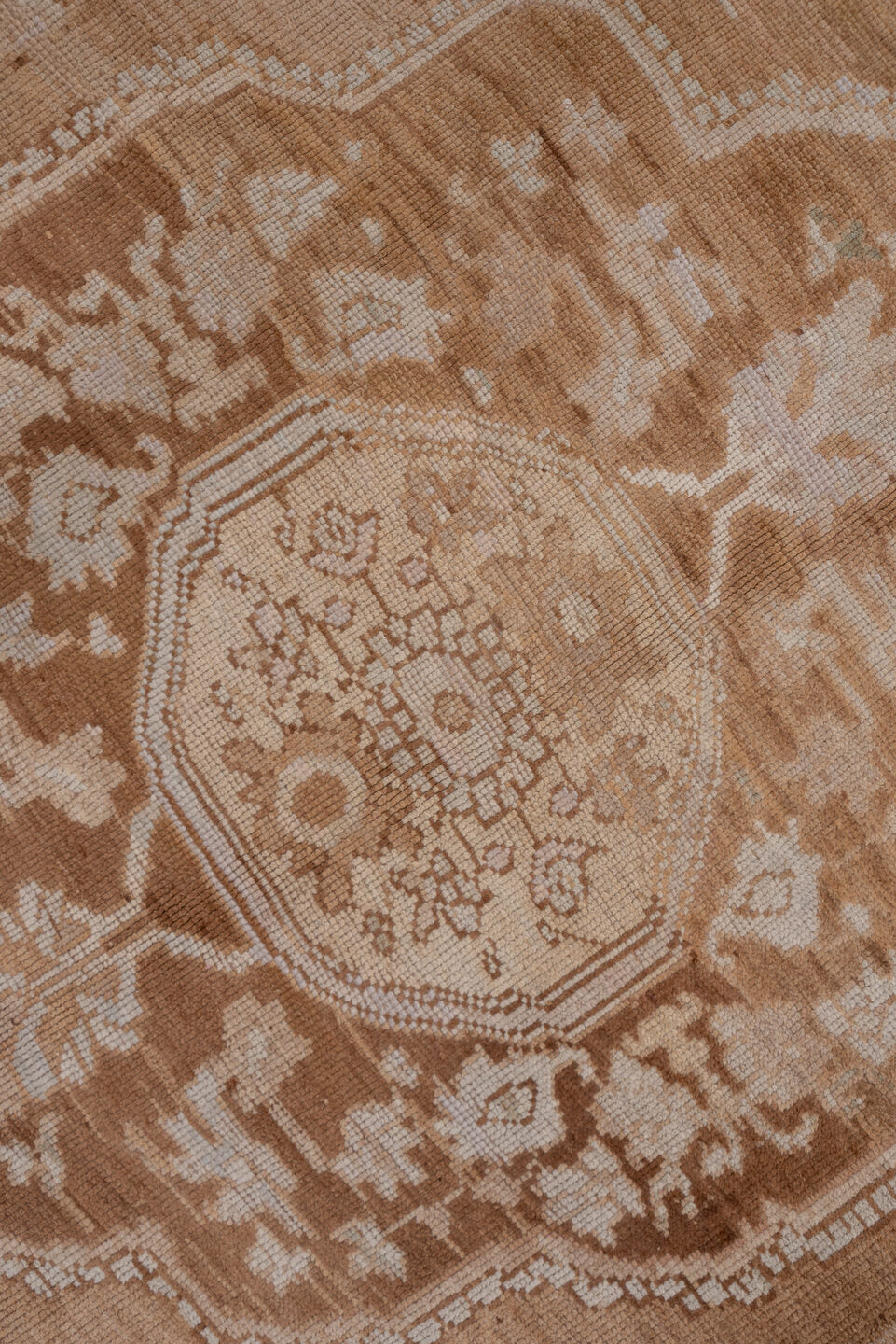 6' x 12' one-of-a-kind handmade vintage Oushak large size rug. Color palette: brown, gray, off-white, pink, snow, white