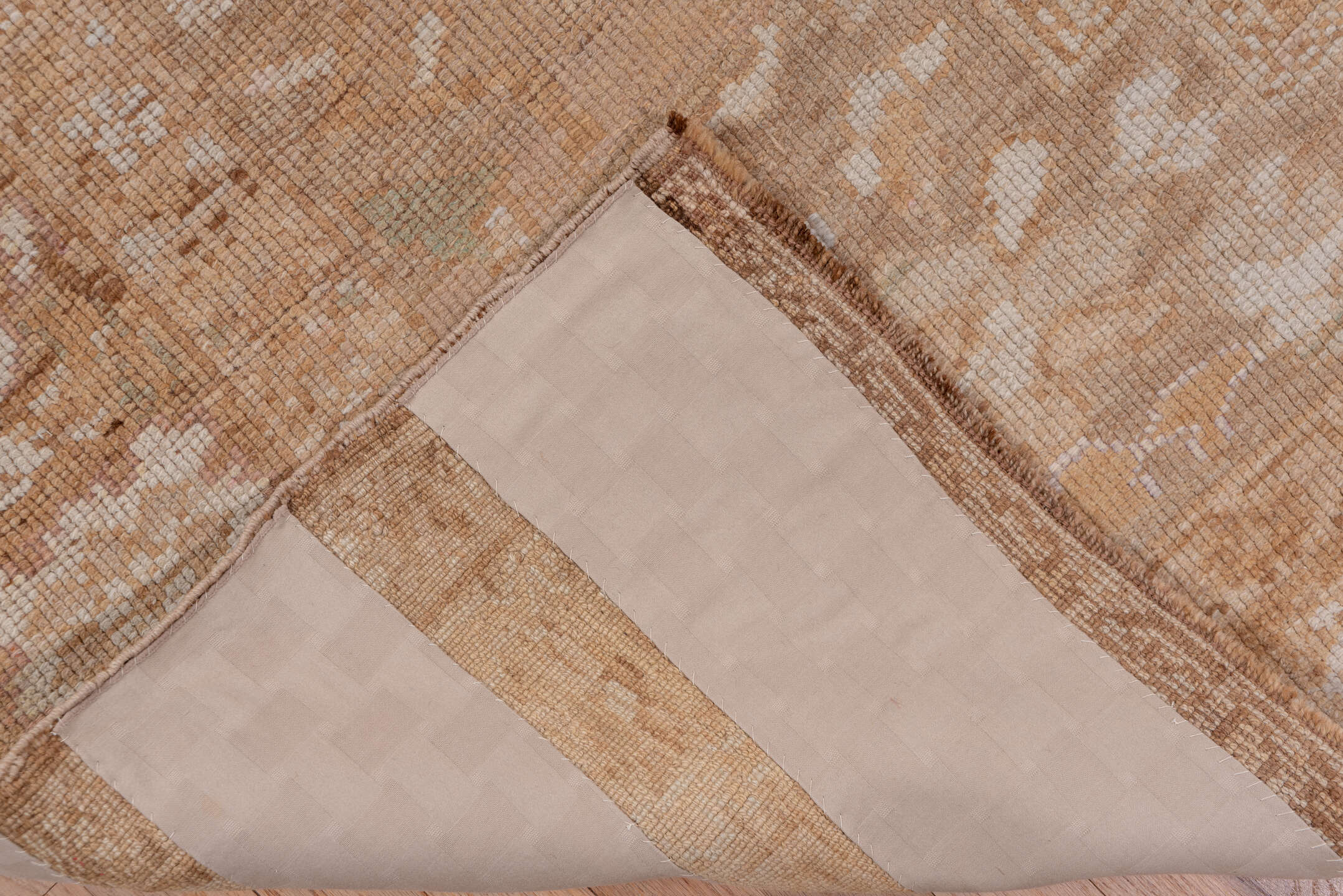 6' x 12' one-of-a-kind handmade vintage Oushak large size rug. Color palette: brown, gray, off-white, pink, snow, white