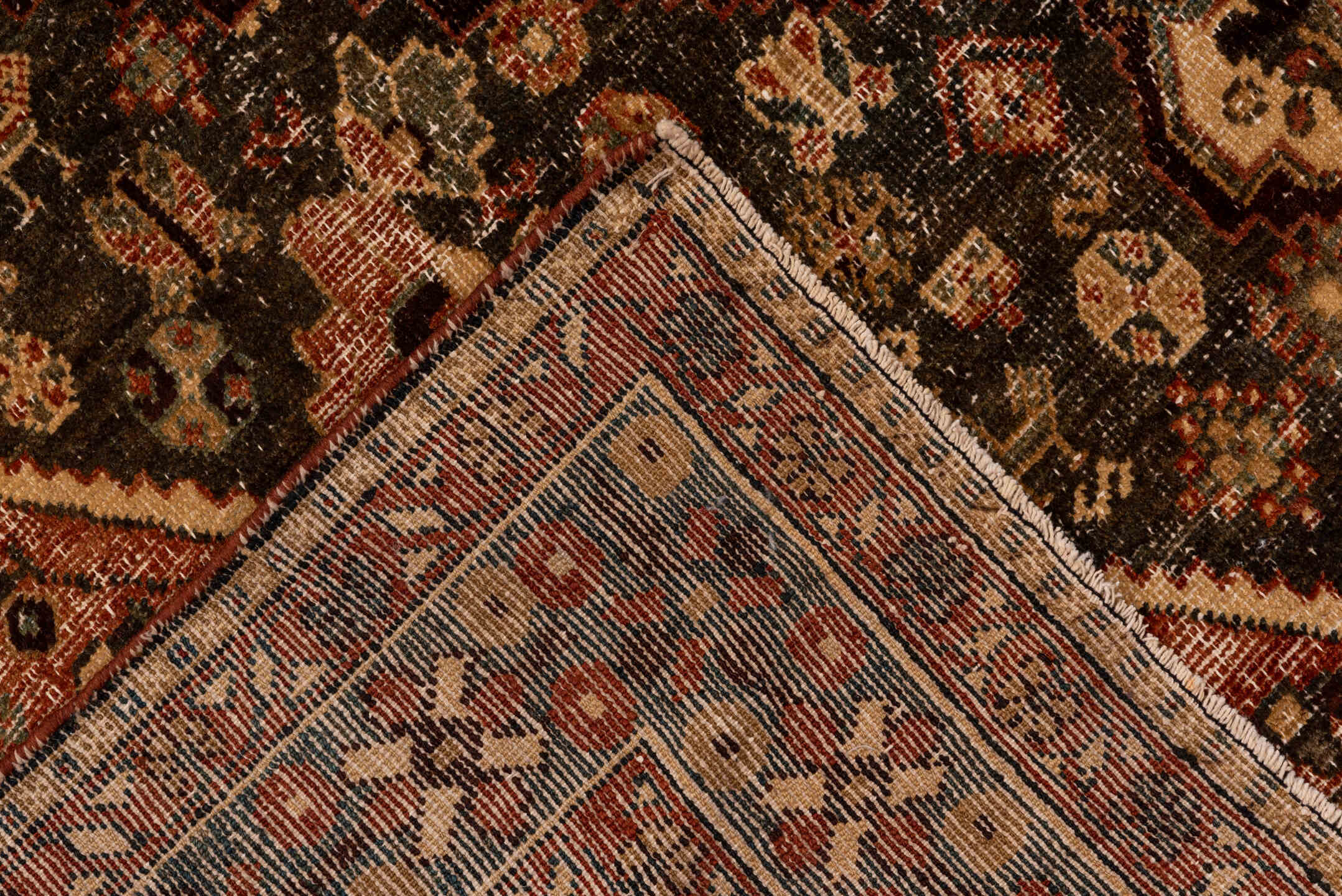 5' x 12' one-of-a-kind handmade vintage Baktiary rug. Color palette: brown, red