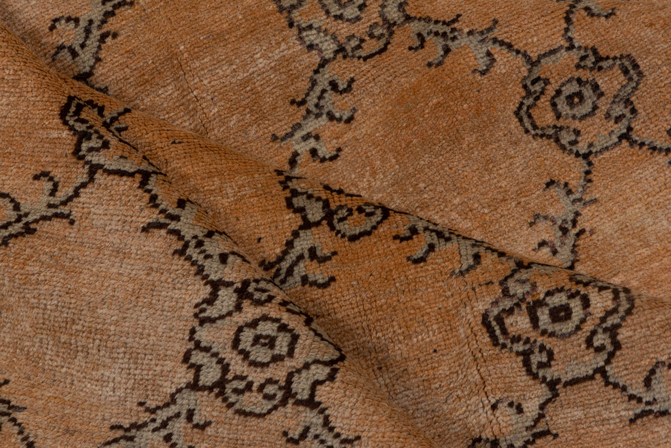 5' x 11' one-of-a-kind handmade vintage Konya runner rug. Color palette: camel, taupe, charcoal, rust, beige, gray, black