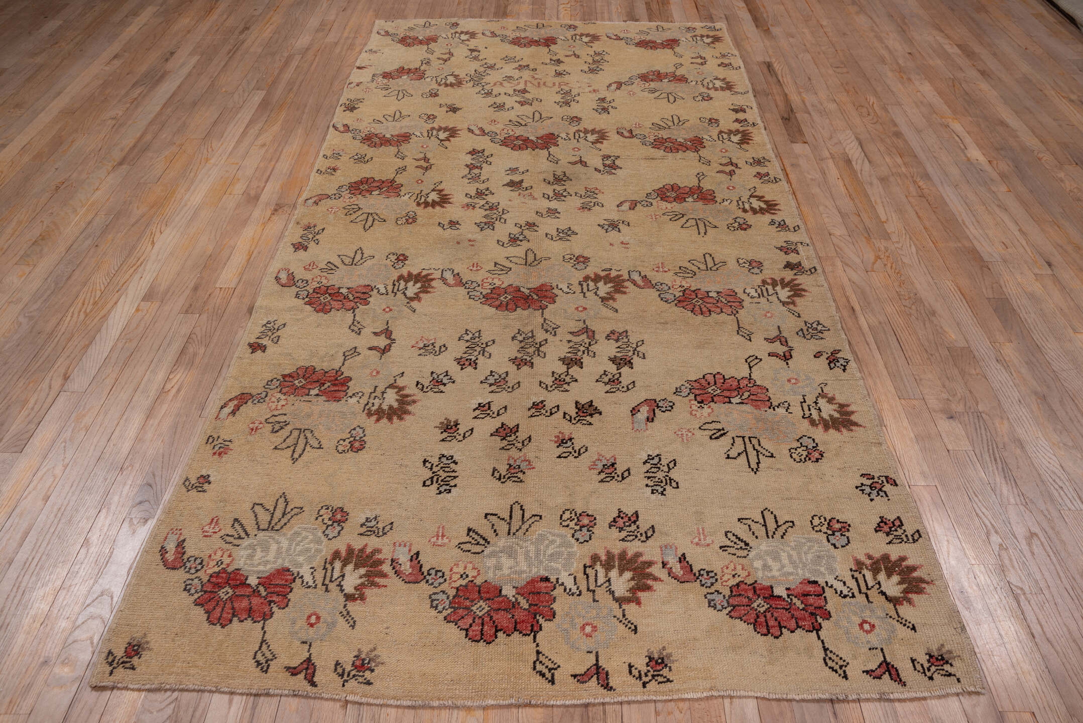 5' x 11' one-of-a-kind handmade vintage Konya runner rug. Color palette: camel, rust, ivory, charcoal, rose, taupe, beige