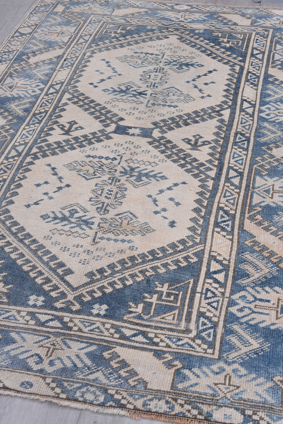 4' x 6' one-of-a-kind handmade vintage Oushak small size rug. Color palette: ivory, sky blue, slate, taupe, camel