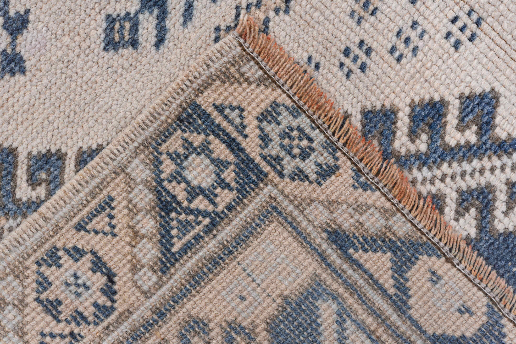 4' x 6' one-of-a-kind handmade vintage Oushak small size rug. Color palette: ivory, sky blue, slate, taupe, camel