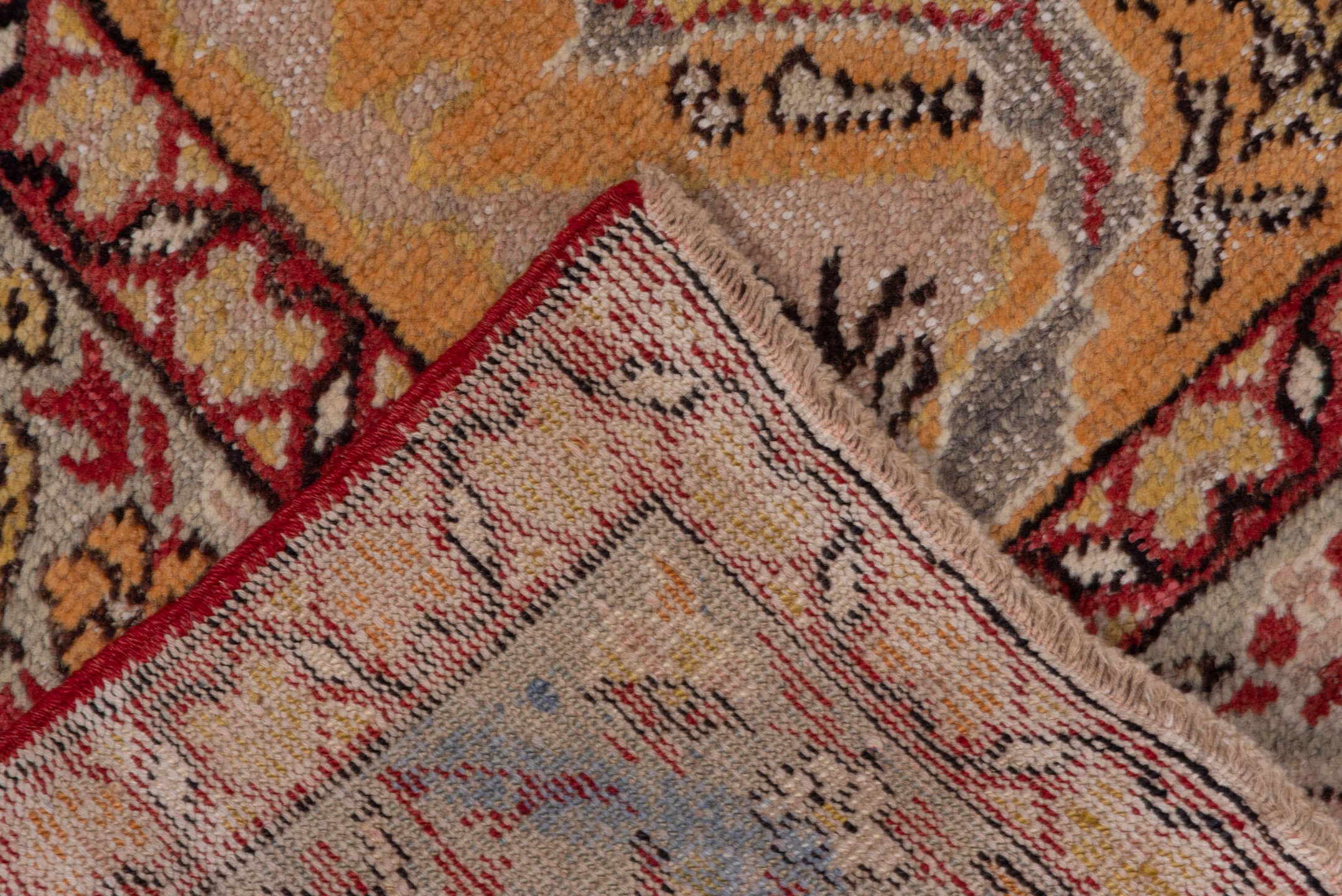 4' x 5' one-of-a-kind handmade vintage Oushak small size rug. Color palette: gold, ivory, rust, camel, charcoal, rose