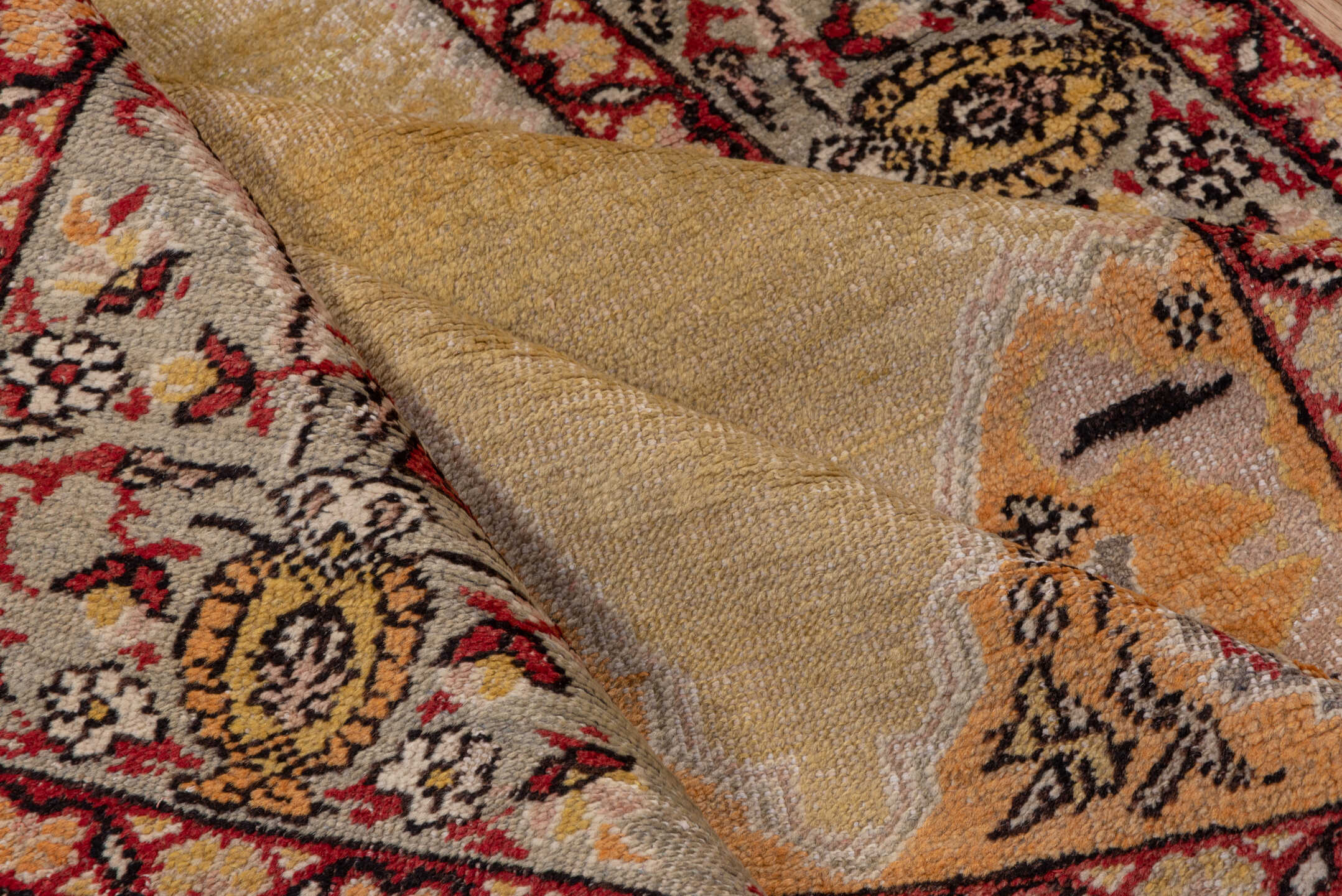 4' x 5' one-of-a-kind handmade vintage Oushak small size rug. Color palette: gold, ivory, rust, camel, charcoal, rose