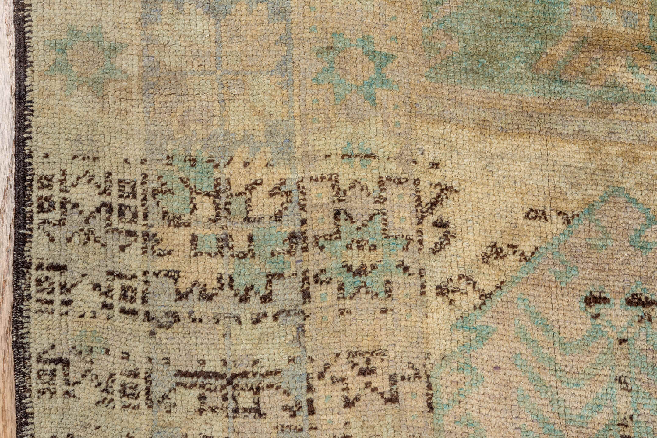 5' x 11' one-of-a-kind handmade vintage Oushak rug. Color palette: beige, ivory, pale blue, taupe, camel, charcoal